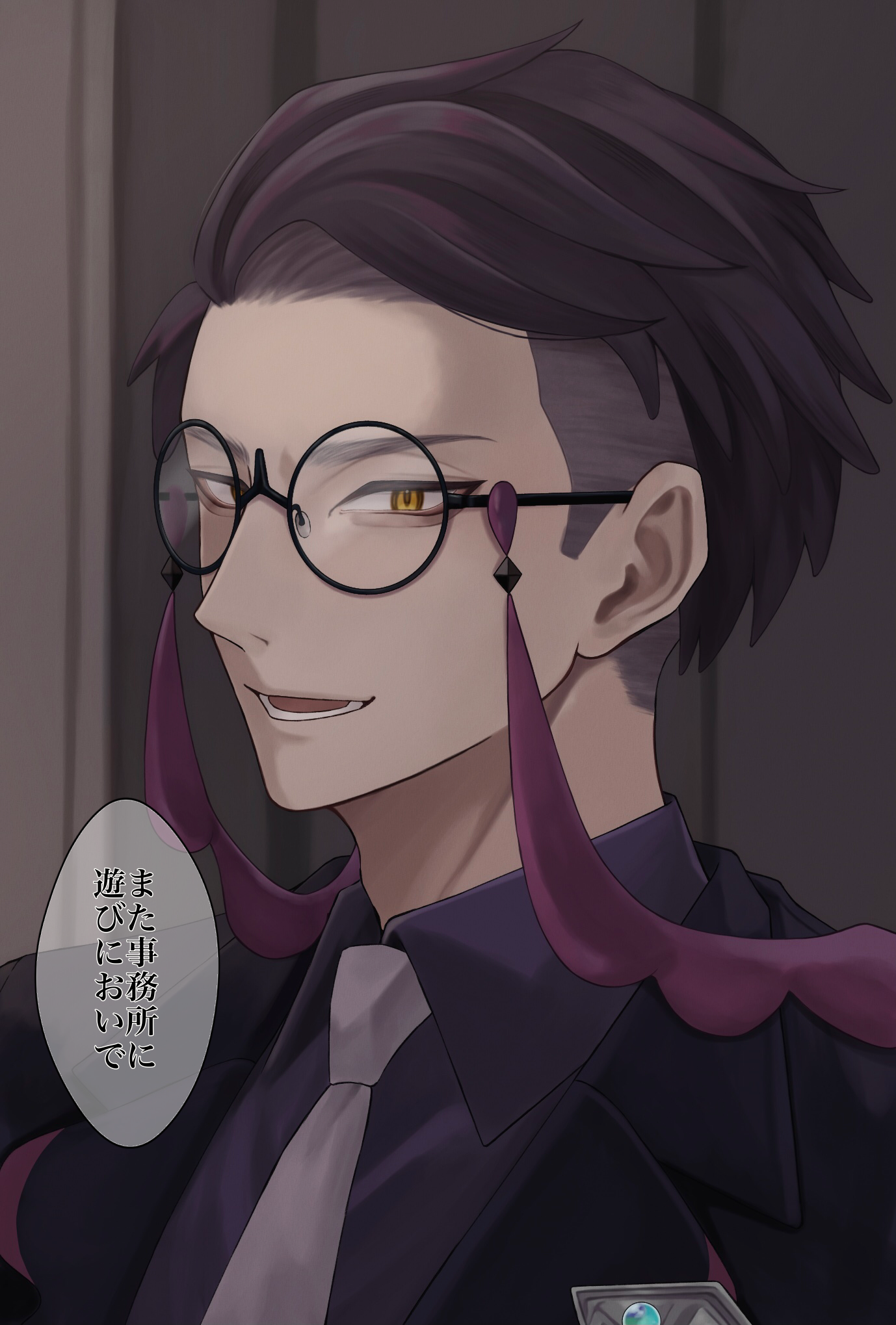 corbeau (pokemon), nintendo, pokemon, pokemon legends: z-a, commentary request, highres, translation request, 1boy, 2gata44, black-framed eyewear, black hair, black jacket, collared shirt, glasses, jacket, lower teeth only, male focus, necktie, open mouth, round eyewear, shirt, short hair, solo, speech bubble, teeth, yellow eyes