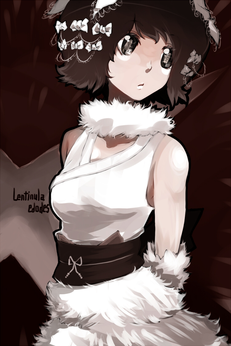 oso (toolate), lentinula edodes, oso-teki kinoko gijinka zukan, 1girl, brown hair, female focus, mushroom, personification, shiitake, solo