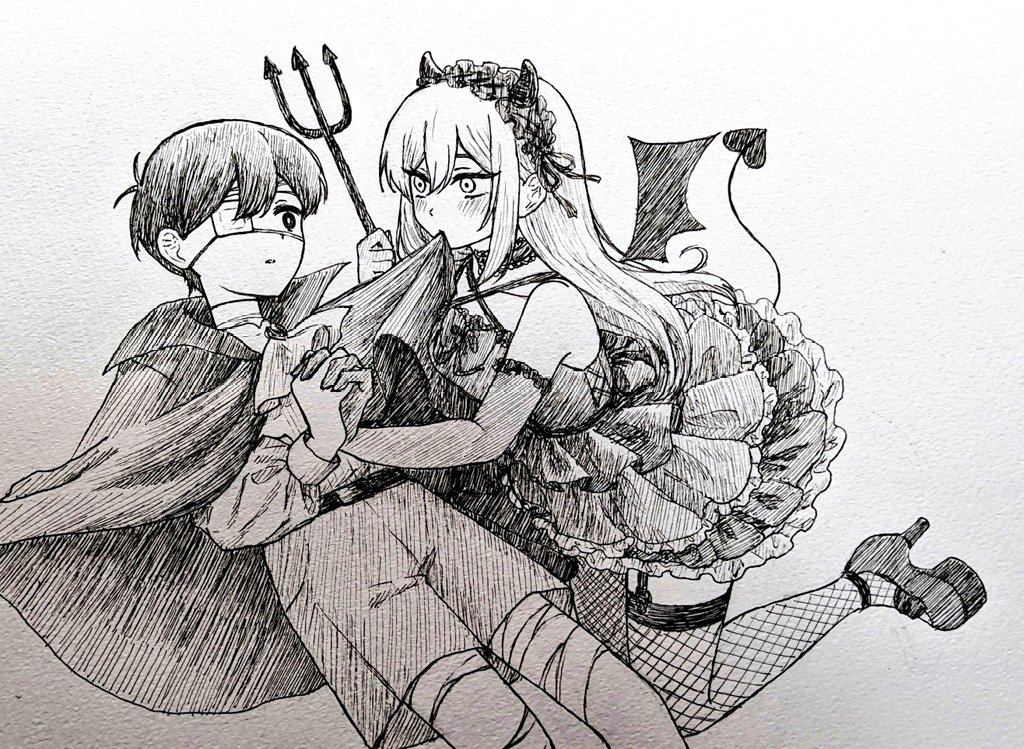 mimn (kdjgxrt1xt69701), aubrey (faraway) (omori), aubrey (omori), sunny (omori), omori, spoilers, traditional media, 1boy, 1girl, alternate costume, antenna hair, bandaged leg, bandages, blush, breasts, bright pupils, closed mouth, collarbone, double-parted bangs, elbow gloves, eyepatch, fishnet thighhighs, fishnets, garter straps, gloves, greyscale, hair between eyes, halloween costume, high heels, holding, holding hands, holding pitchfork, long hair, looking at another, medium breasts, monochrome, parted lips, pitchfork, short hair, shorts, simple background, thighhighs