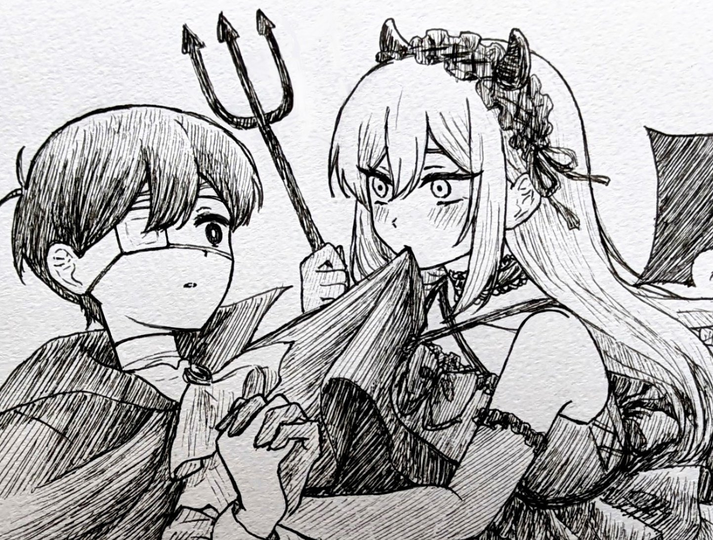 mimn (kdjgxrt1xt69701), aubrey (faraway) (omori), aubrey (omori), sunny (omori), omori, spoilers, traditional media, 1boy, 1girl, alternate costume, antenna hair, blush, breasts, bright pupils, closed mouth, collarbone, double-parted bangs, elbow gloves, eyepatch, gloves, greyscale, hair between eyes, halloween costume, holding, holding hands, holding pitchfork, long hair, looking at another, medium breasts, monochrome, parted lips, pitchfork, short hair