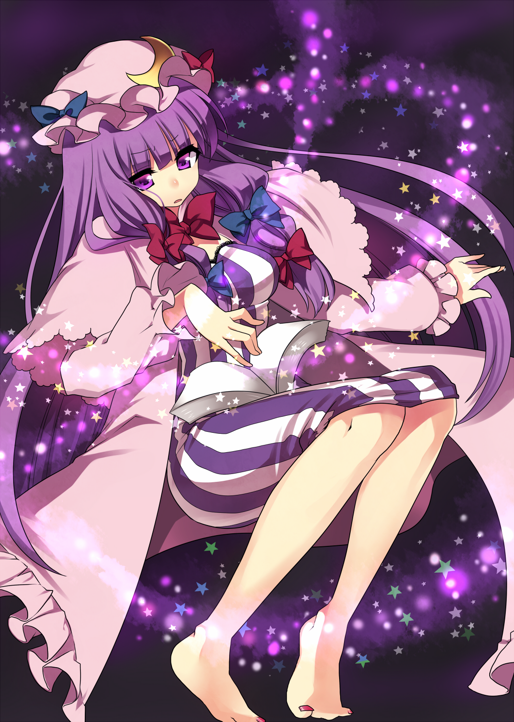 masaru.jp, patchouli knowledge, touhou, bad id, bad pixiv id, highres, 1girl, barefoot, book, breasts, female focus, hat, long hair, purple eyes, purple hair, solo, star (symbol)