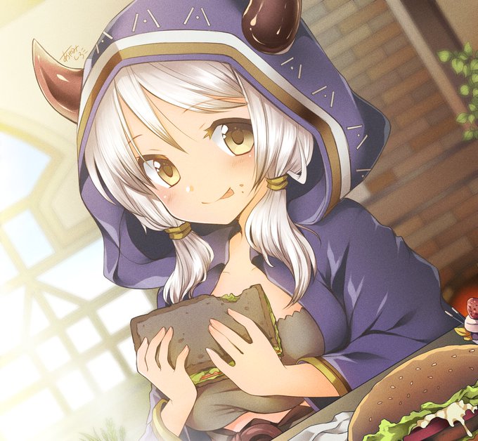 ayamisiro, camieux, granblue fantasy, commentary request, 1girl, :p, breasts, brick wall, brown eyes, draph, dutch angle, food, food on face, grey hair, holding, holding food, holding sandwich, hood, hood up, horns, long hair, looking at viewer, plant, sandwich, smile, solo, tongue, tongue out, twintails, upper body, window