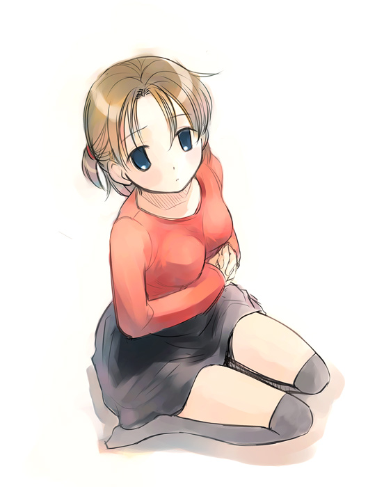 ikeda jun (mizutamari), original, 1girl, :o, blonde hair, blue eyes, bob cut, breasts, brown hair, casual, female focus, from above, full body, hair ornament, kneehighs, long sleeves, looking up, miniskirt, short hair, simple background, sitting, skirt, sleeves past wrists, socks, solo, thighhighs, zettai ryouiki