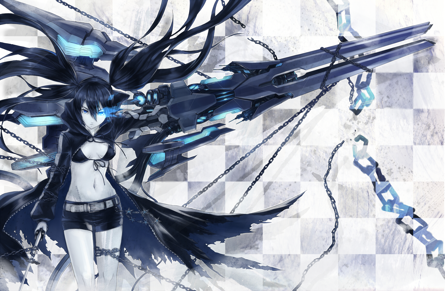 nidy, black rock shooter (character), black rock shooter, highres, 10s, 1girl, arm cannon, belt, bikini, bikini top only, black bikini, black hair, blue eyes, chain, denim, denim shorts, female focus, flat chest, front-tie top, gloves, glowing, glowing eyes, hood, jacket, katana, long hair, midriff, pale skin, scar, short shorts, shorts, solo, star (symbol), stitches, swimsuit, sword, torn clothes, twintails, uneven twintails, very long hair, weapon, zipper
