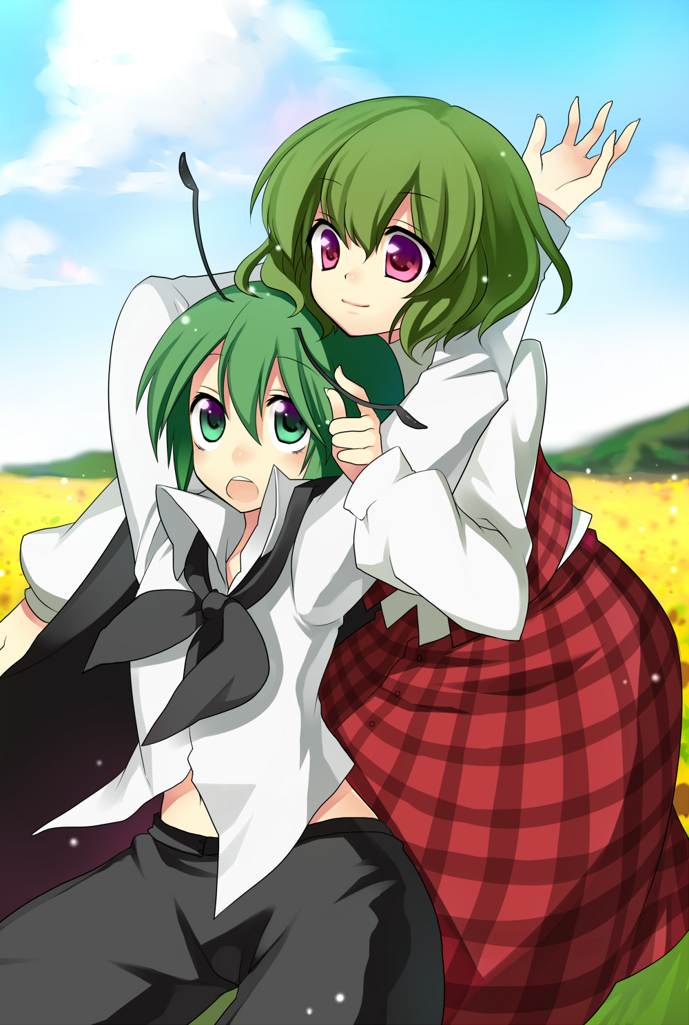 masaru.jp, kazami yuuka, wriggle nightbug, touhou, bad id, bad pixiv id, highres, 2girls, androgynous, antennae, ascot, female focus, field, flower, flower field, green eyes, green hair, midriff, multiple girls, plaid clothes, plaid skirt, plaid vest, purple eyes, reverse trap, short hair, sitting, skirt, skirt set, vest