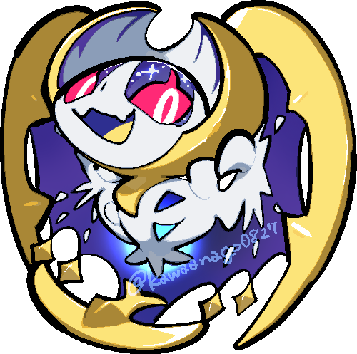 kawaanago, lunala, nintendo, pokemon, commentary request, lowres, animal focus, chibi, chibi only, colored sclera, fangs, full body, gen 7 pokemon, legendary pokemon, no humans, open mouth, pokemon (creature), pokemon focus, red pupils, red sclera, skin fangs, smile, solo, transparent background, twitter username, white eyes