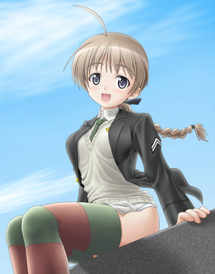 mushoku no hourousha, lynette bishop, strike witches, world witches series, 00s, 1girl, ahoge, animal ears, blue eyes, braid, brown hair, day, female focus, open mouth, single braid, sitting, sky, solo, striped clothes, striped thighhighs, thighhighs