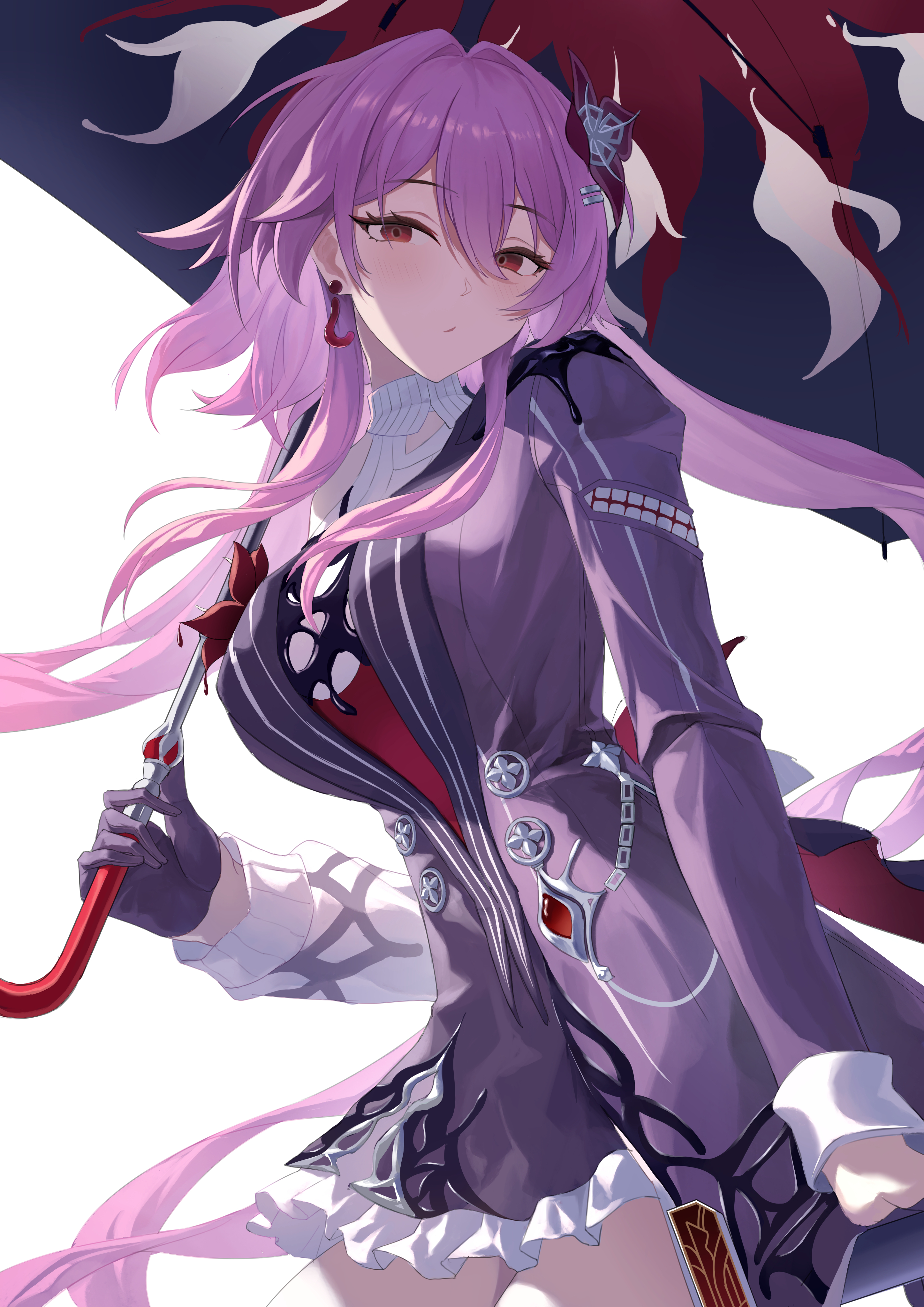 gusa, evernight (honkai: star rail), march 7th (honkai: star rail), honkai: star rail, honkai (series), absurdres, highres, 1girl, blouse, blush, buttons, earrings, gloves, hair ornament, holding, holding umbrella, jacket, jewelry, long hair, looking at viewer, pink hair, purple gloves, red eyes, shirt, simple background, umbrella, white background