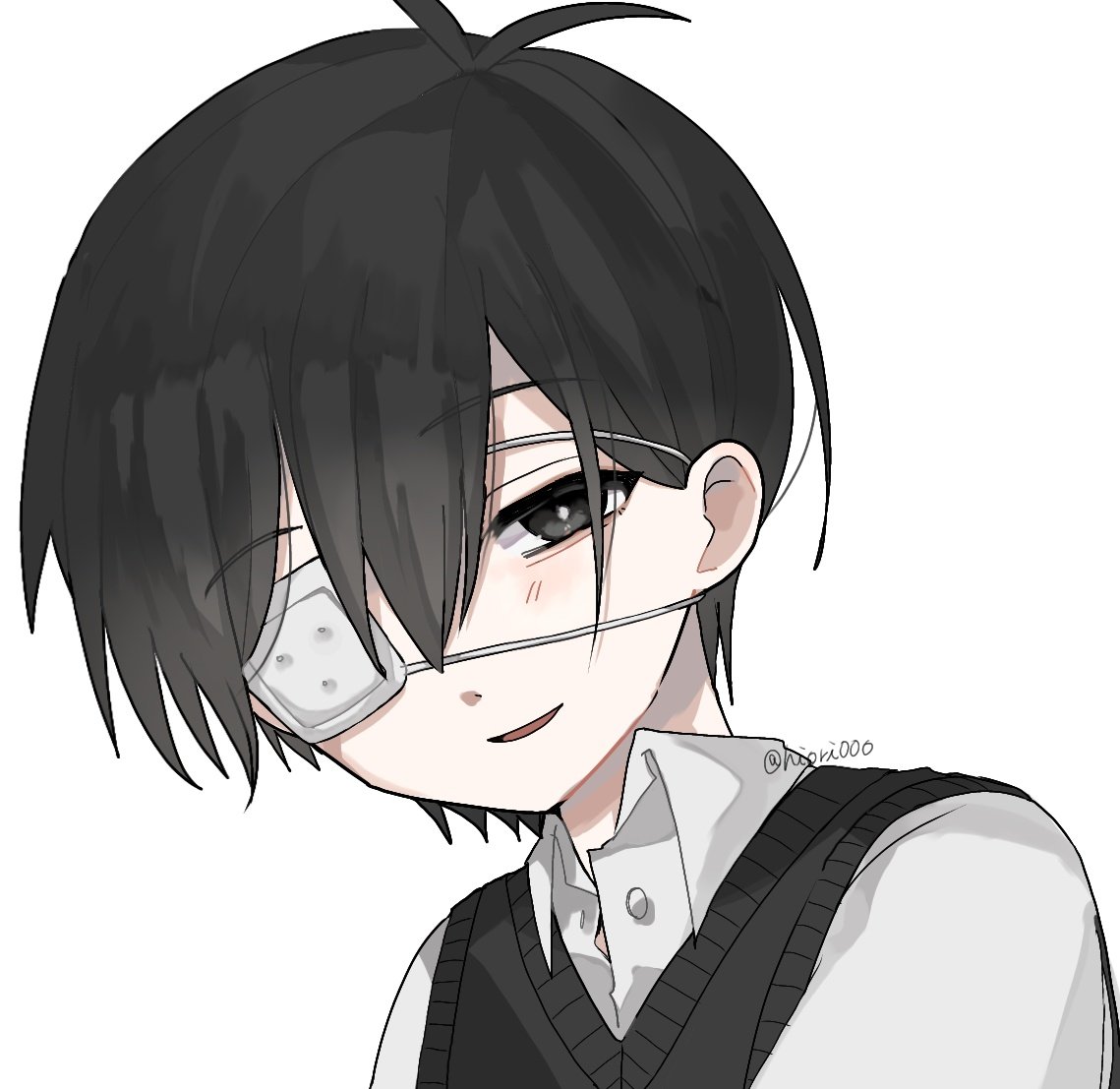 sunny (omori), omori, spoilers, 1boy, antenna hair, black eyes, black hair, black sweater vest, close-up, collared shirt, double-parted bangs, eyepatch, hair between eyes, hiori000, looking at viewer, male focus, parted lips, shirt, short hair, simple background, smile, solo, sweater vest, upper body, white background, white shirt