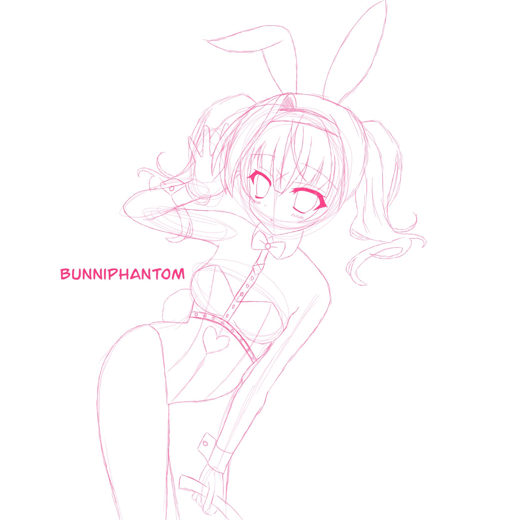hatsune miku, rabbit hole (vocaloid), vocaloid, highres, unfinished, 1girl, 2000s (style), animal ears, artist name, blush, bunniphantom, fake animal ears, fake tail, hair ornament, playboy bunny, short twintails, sketch, tail, twintails, x hair ornament