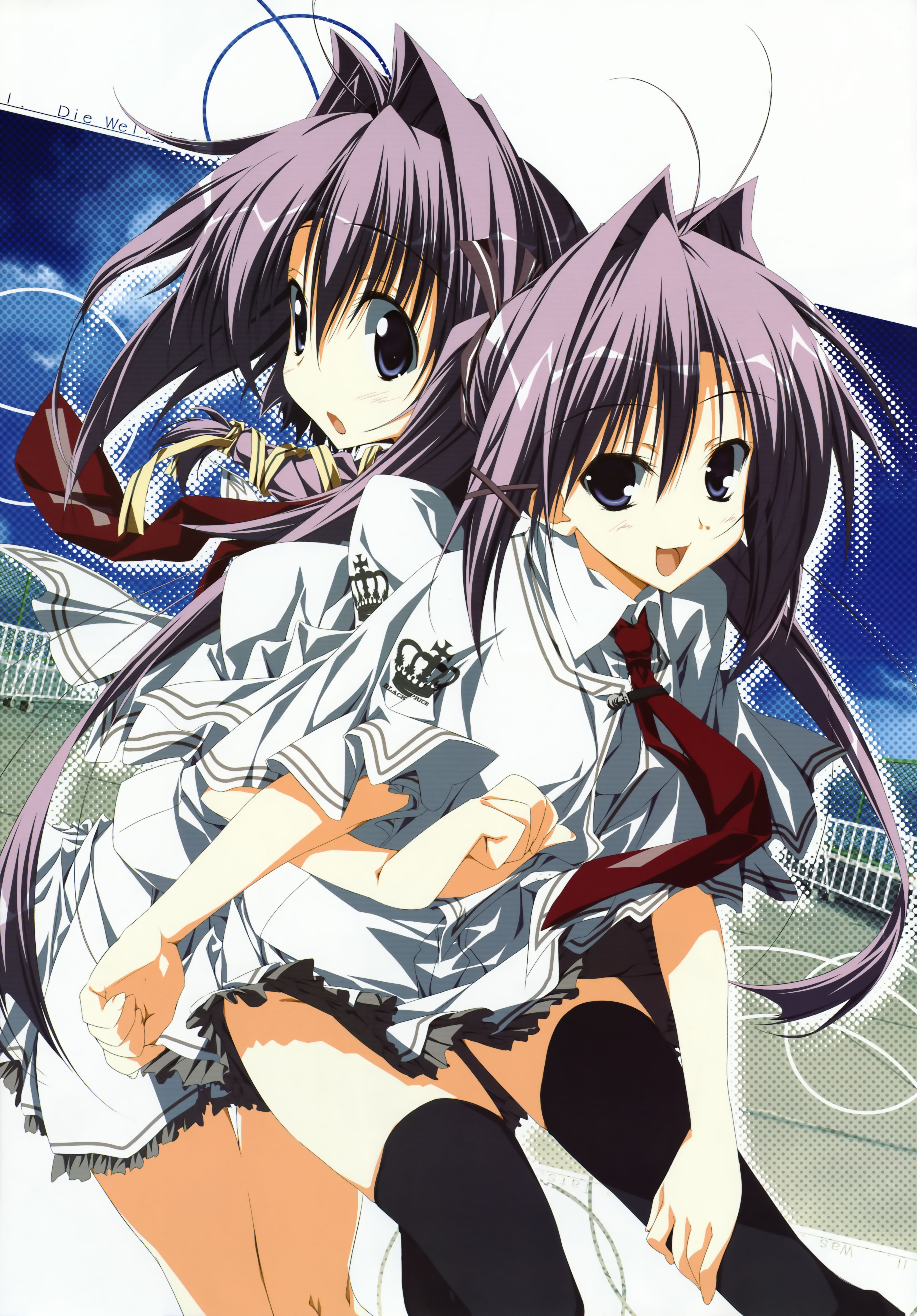 kagome (traumatize), wakatsuki kagami, wakatsuki tsukasa, subarashiki hibi, absurdres, highres, 2girls, black thighhighs, hair intakes, multiple girls, open mouth, purple eyes, purple hair, school uniform, siblings, sisters, thighhighs, twins