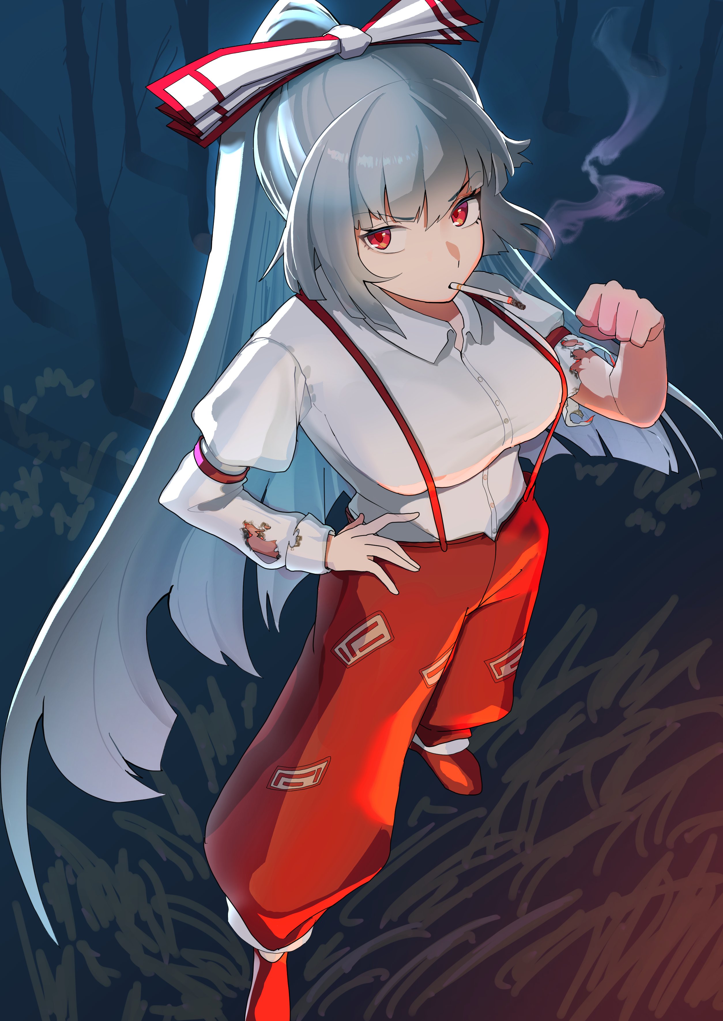 urizaku3, fujiwara no mokou, touhou, absurdres, commentary request, highres, 1girl, boots, bow, breasts, burnt clothes, clenched hand, collared shirt, from above, full body, hair bow, hand on own hip, large breasts, long hair, looking at viewer, outdoors, pants, red boots, red eyes, red pants, shirt, sidelocks, simple background, smoke, smoke trail, smoking, solo, tree, very long hair, white hair, white shirt