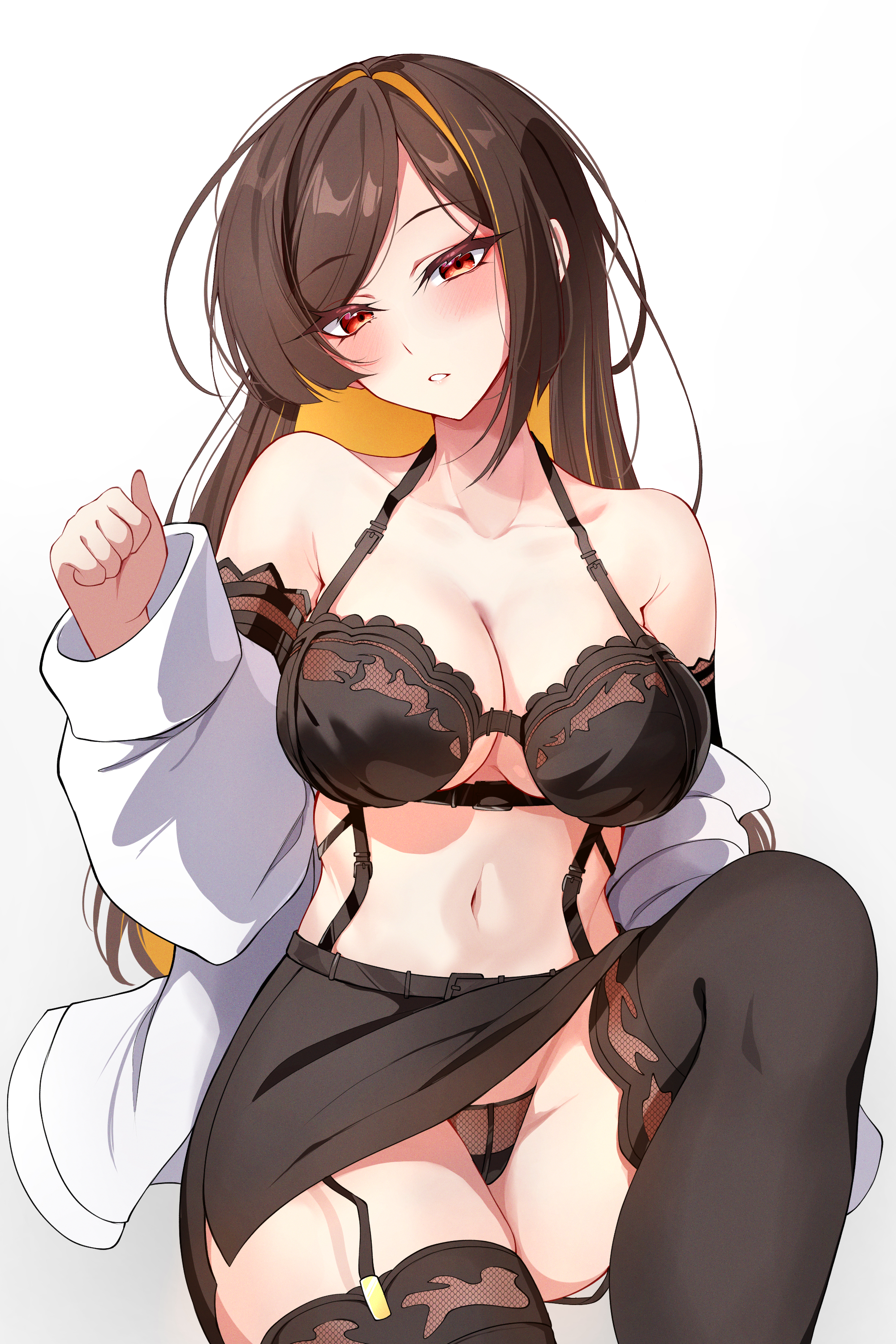 midori (midori13579), chiori (genshin impact), genshin impact, absurdres, commentary, highres, 1girl, black bra, black panties, black skirt, black thighhighs, blonde hair, blush, bra, breasts, brown hair, cleavage, head tilt, large breasts, long hair, long sleeves, looking at viewer, multicolored hair, navel, off shoulder, panties, parted lips, red eyes, seiza, simple background, sitting, skirt, solo, stomach, thighhighs, underwear, very long hair, white background