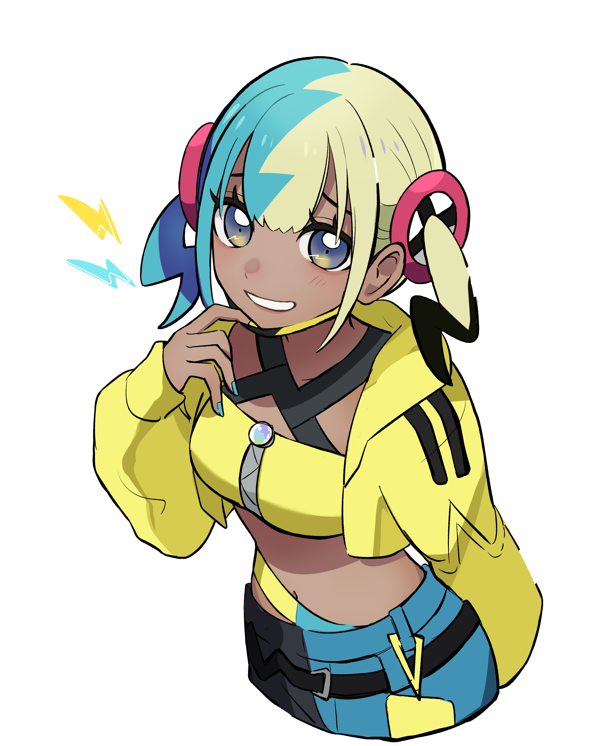 tsuki0425, canari (pokemon), nintendo, pokemon, pokemon legends: z-a, absurdres, commentary request, highres, 1girl, bandeau, belt, black belt, cropped jacket, grey eyes, grin, hand up, happy, jacket, lightning bolt symbol, long sleeves, mask, mask pull, mouth mask, nail polish, open clothes, open jacket, pants, short twintails, simple background, smile, solo, teeth, twintails, white background, yellow bandeau, yellow jacket, zipper, zipper pull tab