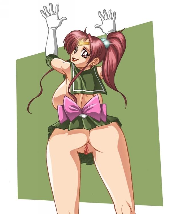 kino makoto, sailor jupiter, bishoujo senshi sailor moon, jpeg artifacts, 1990s (style), ass, breasts, brown eyes, brown hair, elbow gloves, gloves, large breasts, long hair, ponytail, pussy, retro artstyle, skirt, smile, uncensored