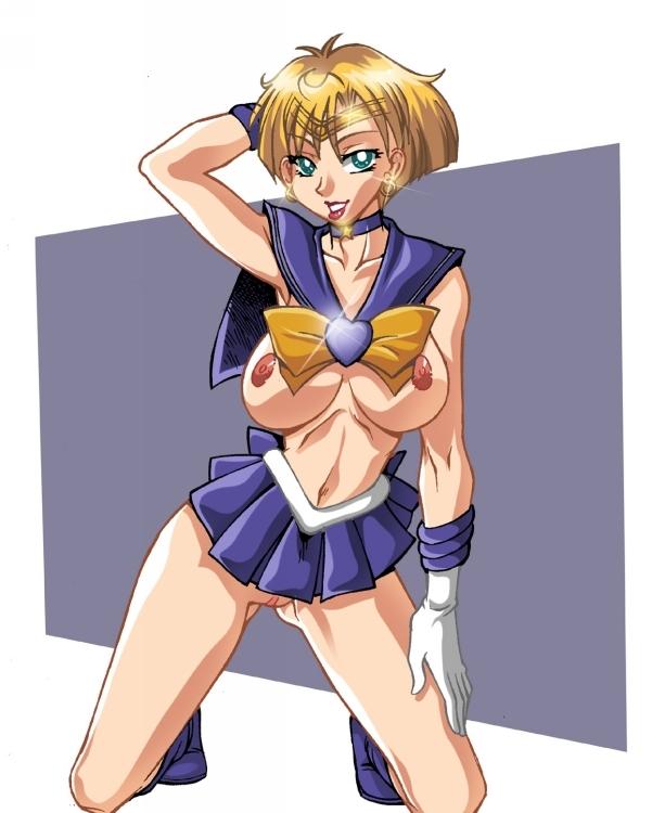 sailor uranus, ten'ou haruka, bishoujo senshi sailor moon, artist request, source request, 1990s (style), 1girl, blonde hair, breasts, choker, earrings, female focus, jewelry, no panties, retro artstyle, short hair, solo, topless female