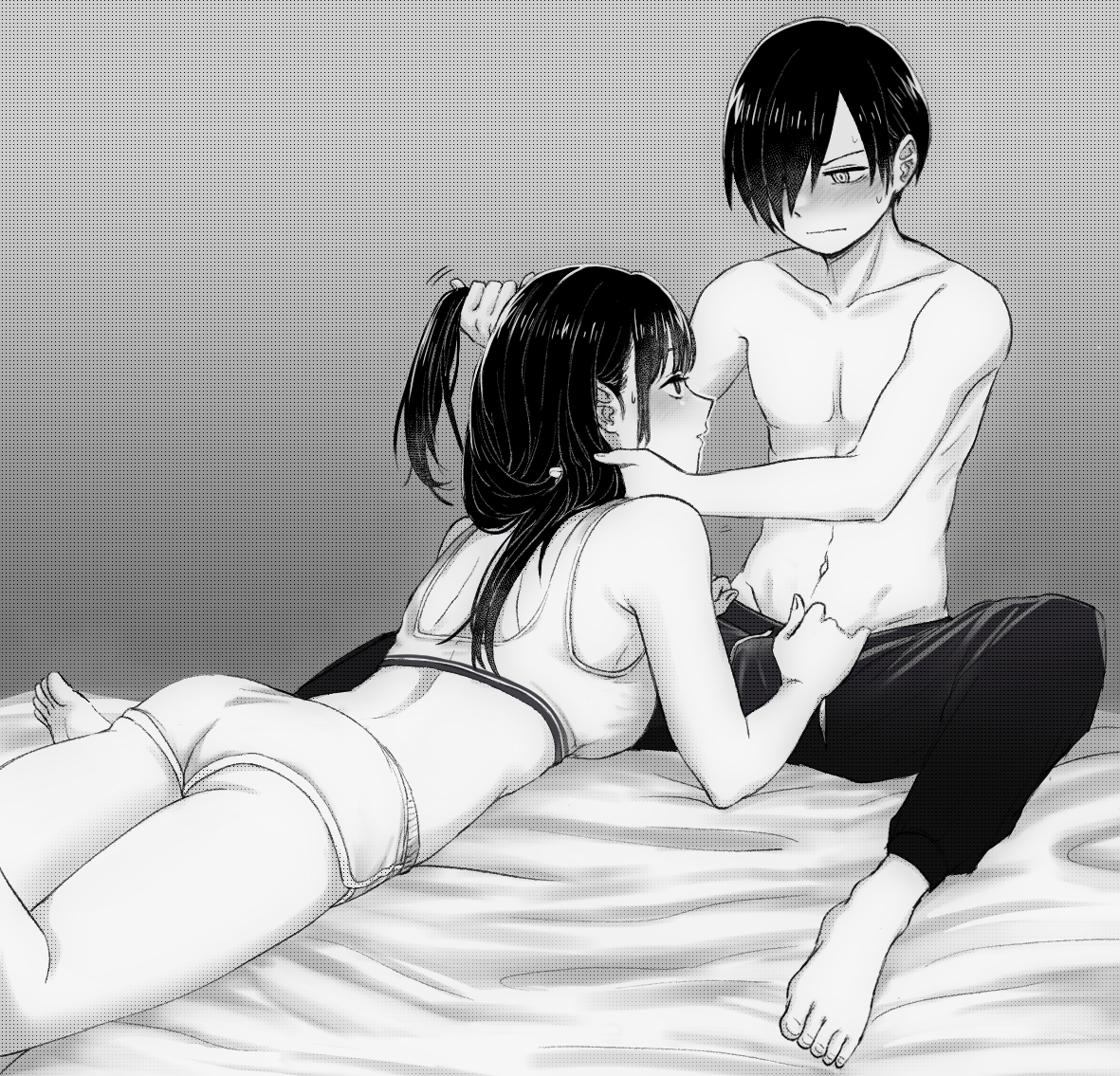 narumi (62rimi), ichikawa kyoutarou, yamada anna, boku no kokoro no yabai yatsu, commentary request, 1boy, 1girl, ass, barefoot, bed sheet, breasts, closed mouth, clothes pull, collarbone, dolphin shorts, feet, grabbing another's hair, greyscale, hand in another's hair, hetero, holding another's hair, large breasts, long hair, lying, median furrow, monochrome, navel, on stomach, pants, pants pull, pulling another's clothes, short hair, short shorts, shorts, shoulder blades, sitting, sports bra, thighs, topless male