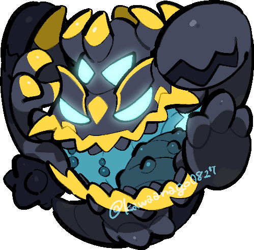 kawaanago, guzzlord, nintendo, pokemon, commentary request, lowres, chibi, chibi only, claws, full body, gen 7 pokemon, glowing, glowing eyes, horns, no humans, open mouth, pokemon (creature), pokemon focus, solo, spikes, tongue, transparent background, twitter username, ultra beast