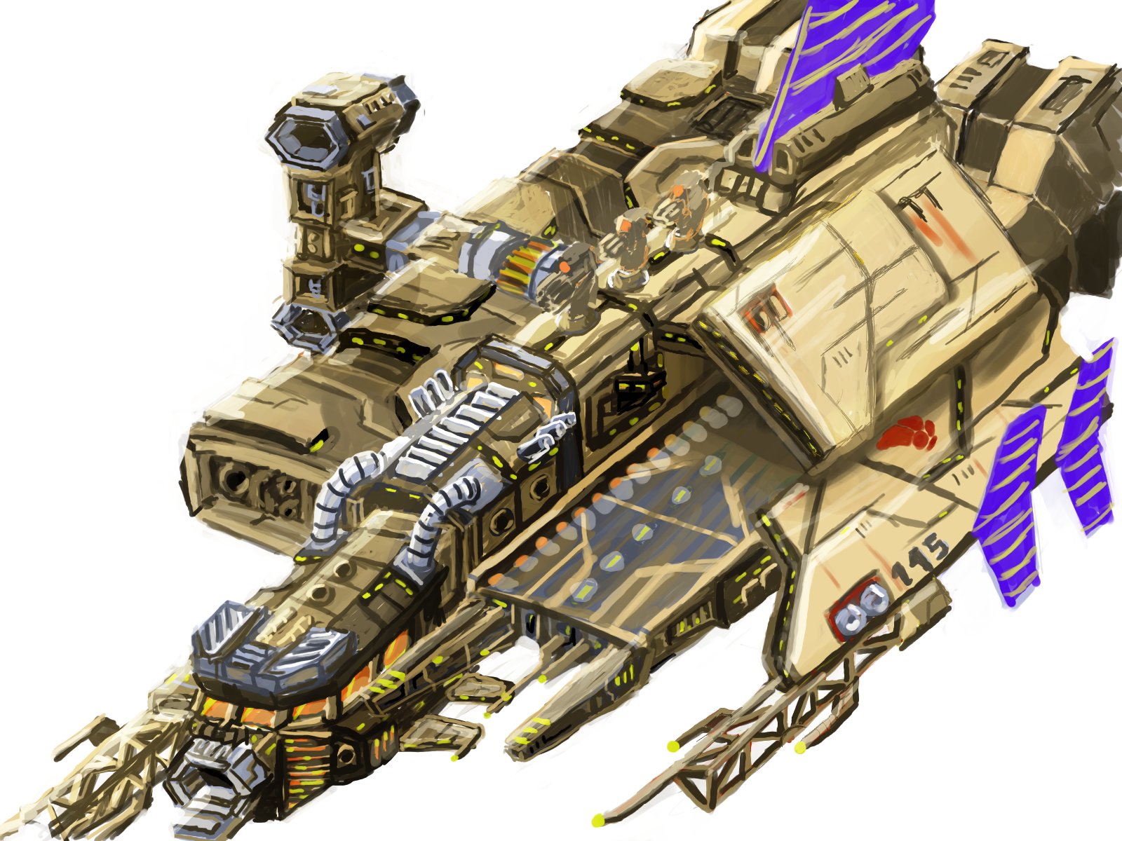 novafox, eve online, original, commentary, concept art, english commentary, highres, industrial pipe, machinery, minmatar republic (eve online), no humans, science fiction, simple background, solar panel, spacecraft, vehicle focus, white background