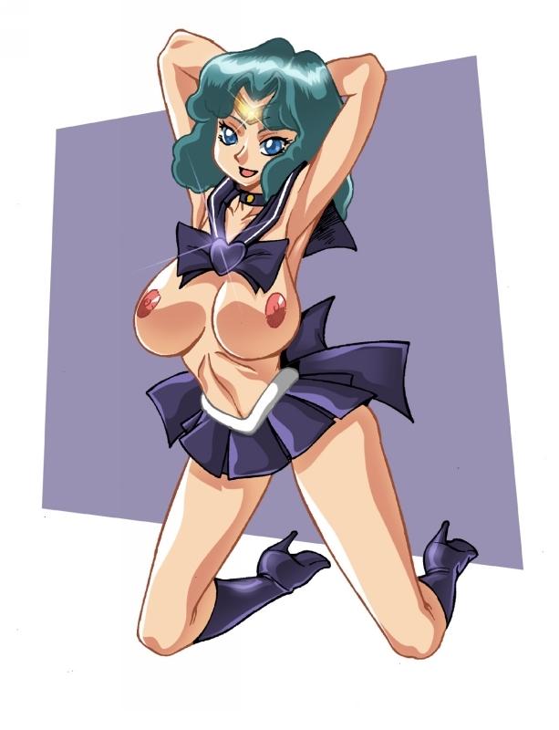 kaiou michiru, sailor neptune, bishoujo senshi sailor moon, artist request, tagme, 1990s (style), 1girl, blue eyes, boots, breasts, choker, female focus, green hair, high heels, knee boots, nipples, retro artstyle, solo, topless female