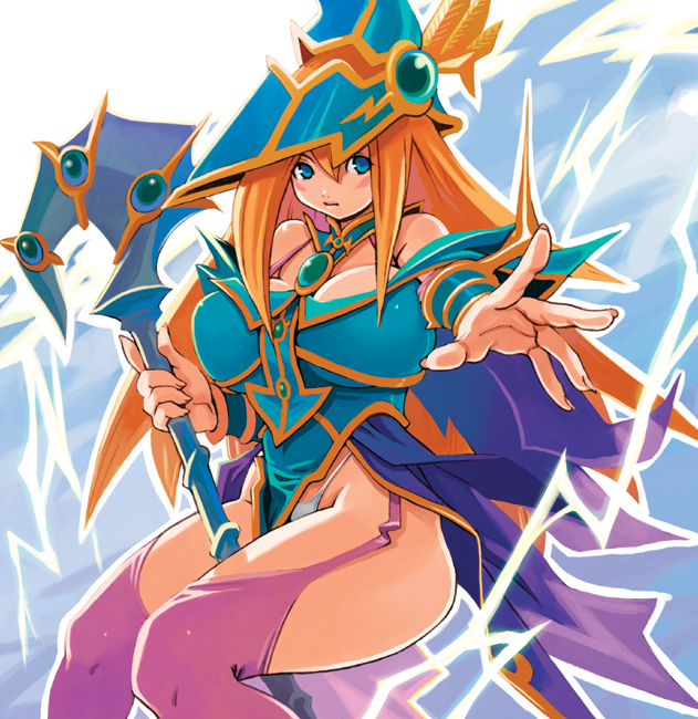ryoji (nomura ryouji), magician's valkyria, yu-gi-oh!, yu-gi-oh! duel monsters, 1girl, bare shoulders, blonde hair, blue dress, blue eyes, blue hat, blue pupils, blush stickers, breasts, closed mouth, collared dress, curvy, dress, duel monster, expressionless, feet out of frame, female focus, garter straps, gem, hair between eyes, hand up, hat, highleg, highleg panties, holding, holding staff, holding wand, large breasts, long hair, looking at viewer, nails, off-shoulder dress, off shoulder, orange hair, outstretched arm, panties, pink thighhighs, purple thighhighs, showgirl skirt, sitting, solo, spiked hair, spread fingers, staff, thick thighs, thighhighs, thighs, thong, thunder, underwear, vambraces, wand, wizard hat