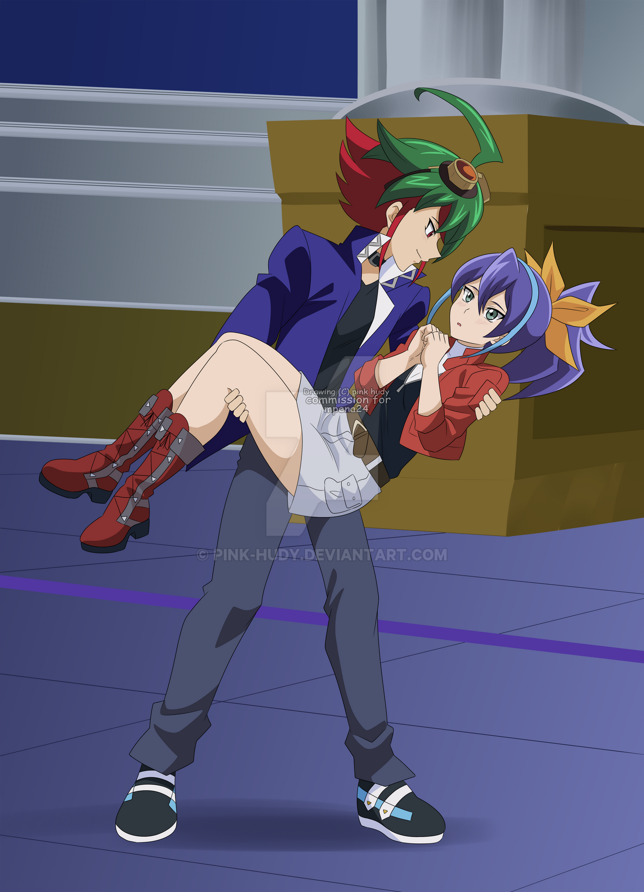 pink-hudy, sakaki yuya, serena (yu-gi-oh!), yu-gi-oh!, yu-gi-oh! arc-v, highres, 1boy, 1girl, blue jacket, boots, bow, carrying, carrying person, full body, hair bow, jacket, looking at another, ponytail, princess carry, purple hair, red boots, smile, watermark