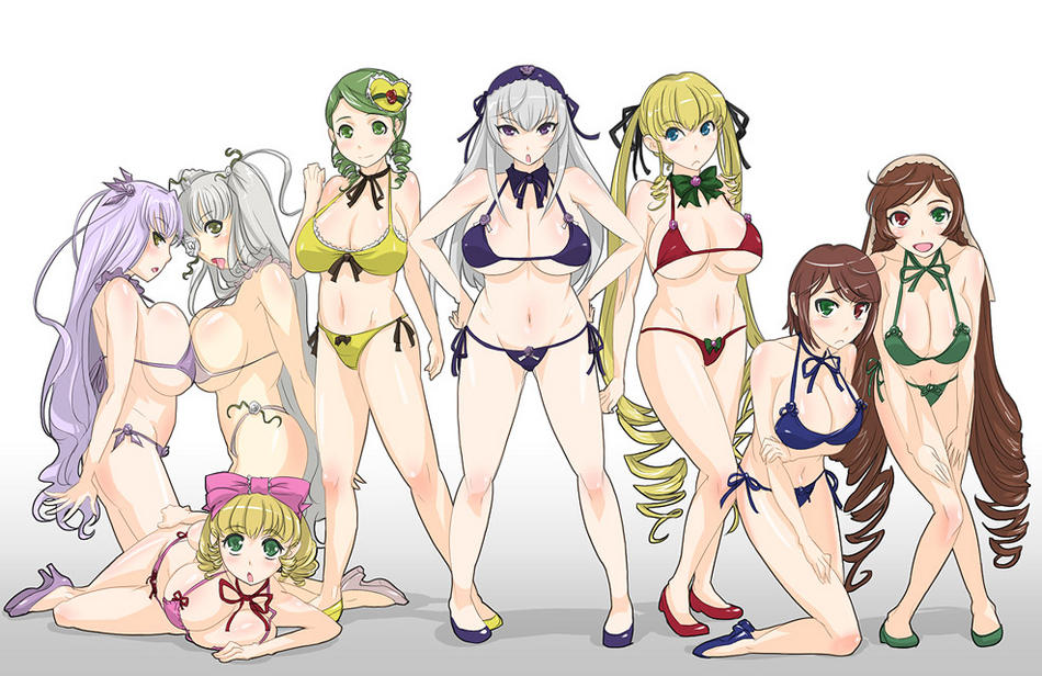 jt dong-agyoku, barasuishou, hinaichigo, kanaria, kirakishou, shinku, souseiseki, suigintou, suiseiseki, rozen maiden, bikini, breasts, cleavage, large breasts, plump, swimsuit