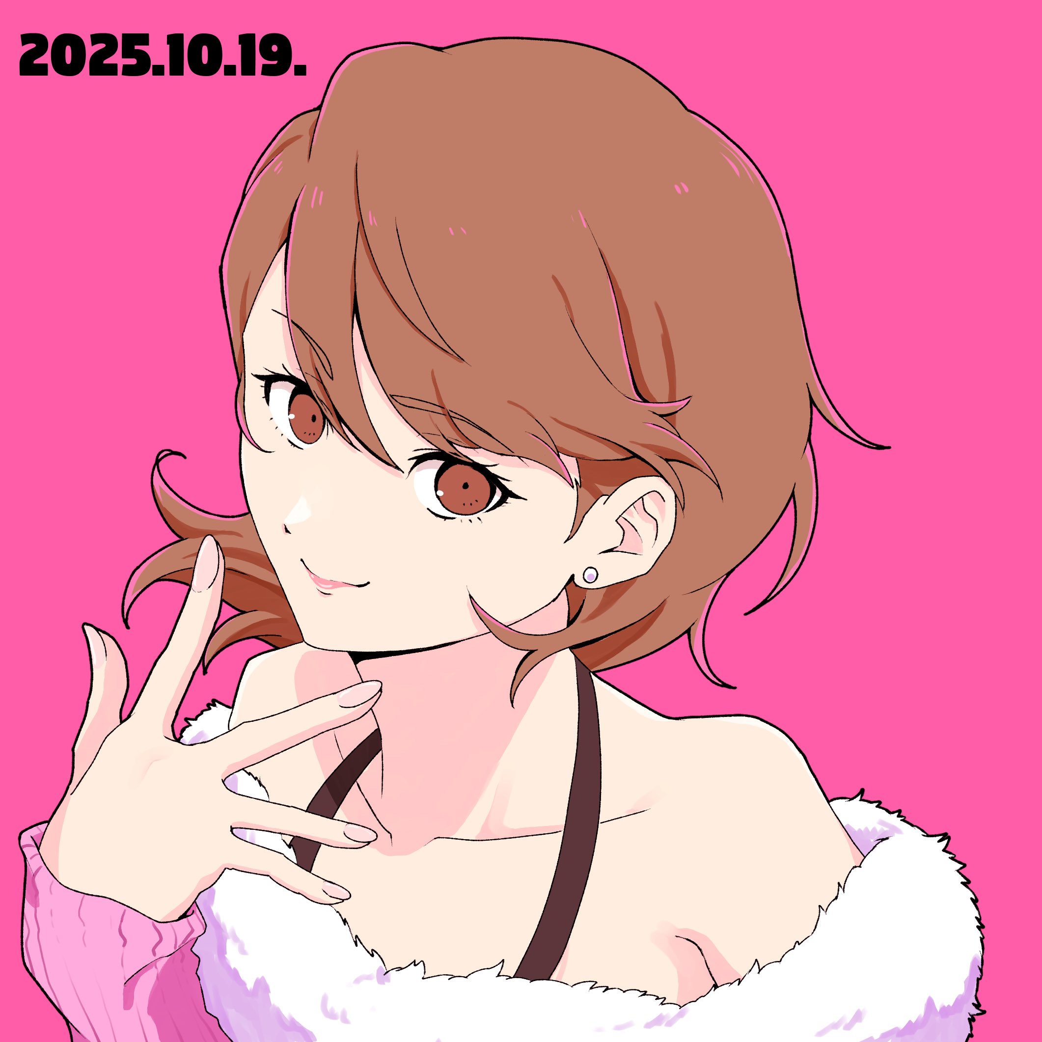 nishi gori kun, takeba yukari, persona, persona 3, commentary request, highres, 1girl, bare shoulders, birthday, bra strap, brown eyes, brown hair, closed mouth, collarbone, dated, earrings, fingernails, flipped hair, fur-trimmed sweater, fur trim, halterneck, hand up, jewelry, long sleeves, looking at viewer, off-shoulder sweater, off shoulder, official alternate costume, open hand, pink background, pink lips, pink sweater, ribbed sweater, short hair, simple background, smile, solo, stud earrings, sweater, upper body