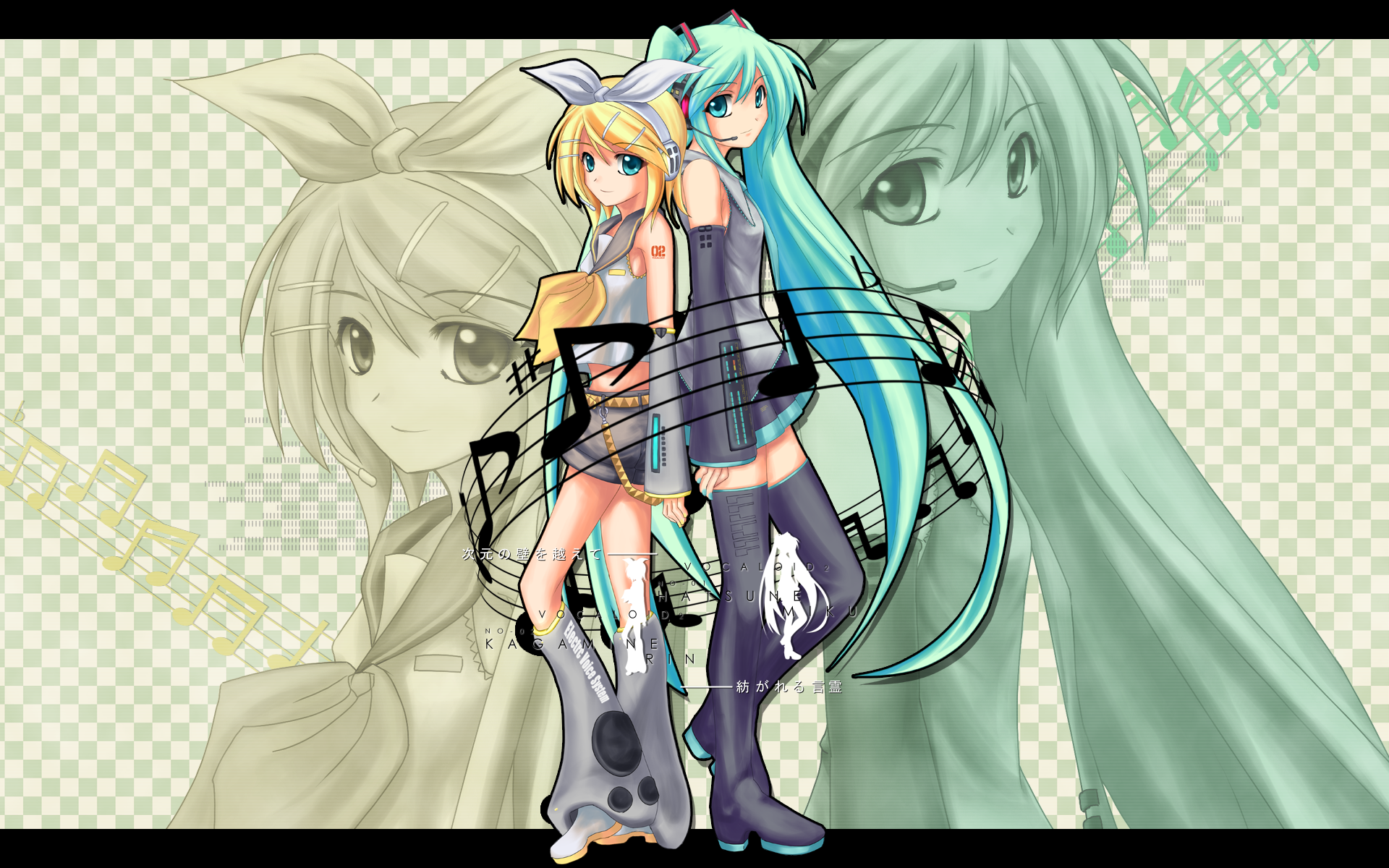 konoha kuzunoki, hatsune miku, kagamine rin, vocaloid, highres, 2girls, back-to-back, blonde hair, boots, green eyes, green hair, hairband, long hair, multiple girls, thighhighs, very long hair, zettai ryouiki