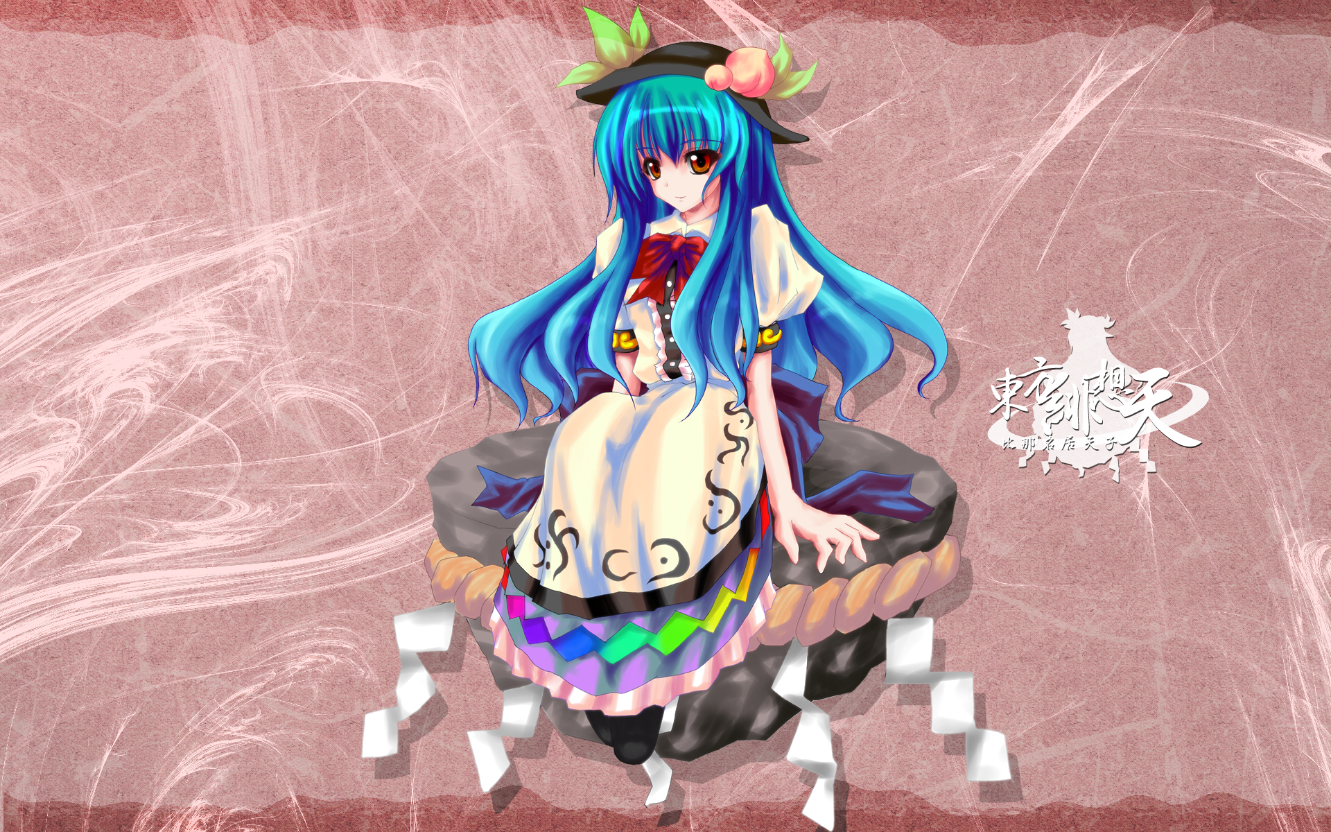 konoha kuzunoki, hinanawi tenshi, touhou, highres, 1girl, blue hair, female focus, food, fruit, full body, hat, kaname-ishi, peach, red eyes, rope, shimenawa, sitting, solo