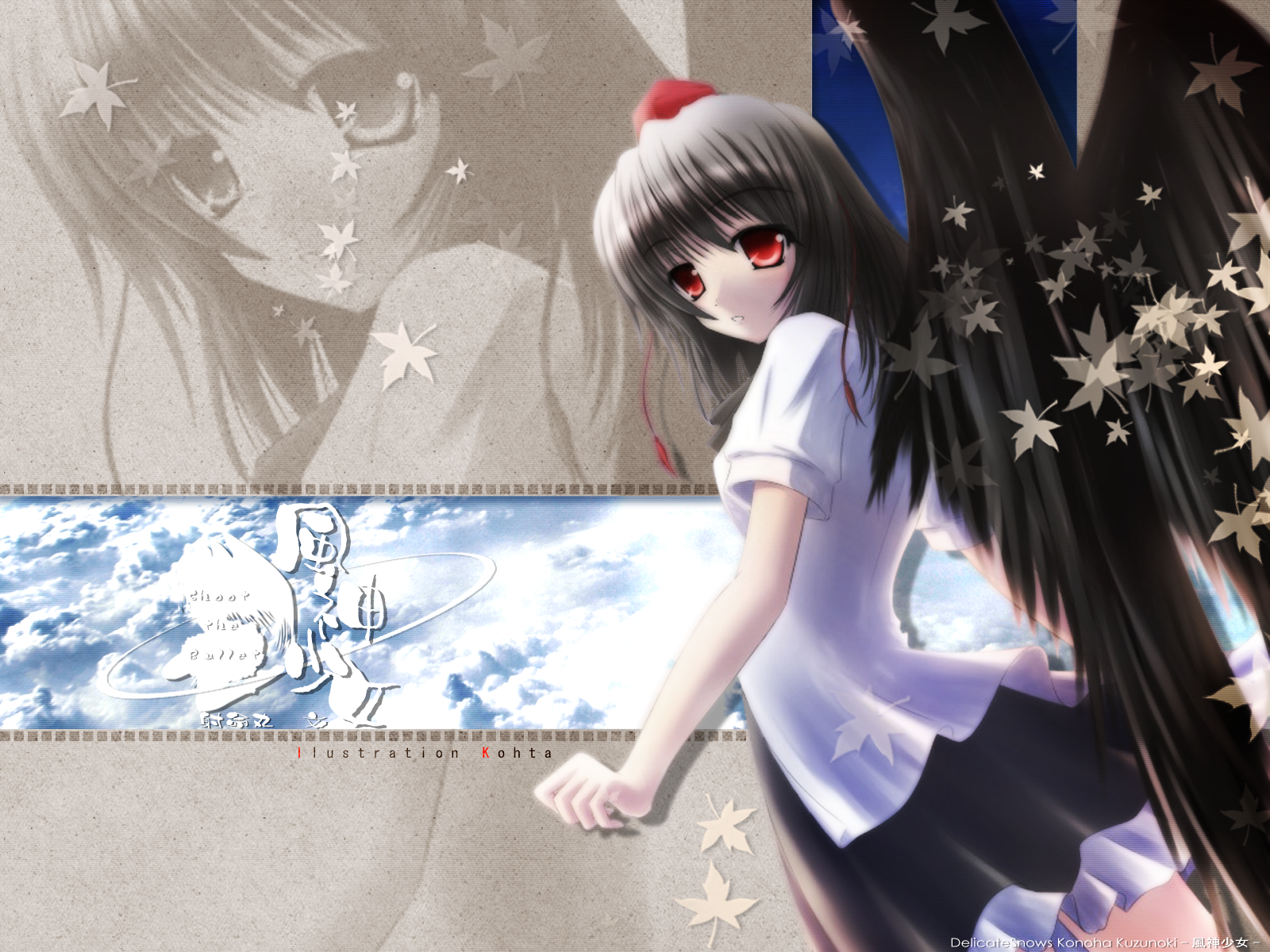 konoha kuzunoki, shameimaru aya, touhou, highres, 1girl, black hair, black wings, female focus, hat, looking at viewer, red eyes, solo, tokin hat, wings