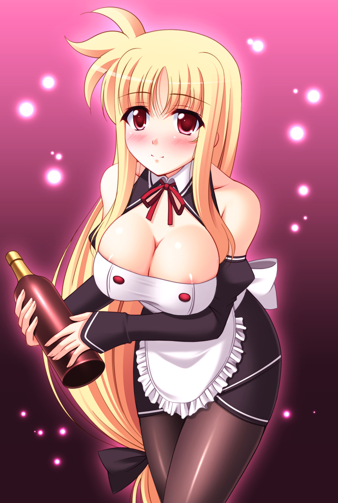 narutaki shin, fate testarossa, dream c club, dream c club (series), lyrical nanoha, mahou shoujo lyrical nanoha, mahou shoujo lyrical nanoha strikers, 1girl, alcohol, blonde hair, blush, bottle, breasts, cleavage, cosplay, detached sleeves, female focus, large breasts, long hair, low-tied long hair, maid, pantyhose, parody, red eyes, smile, solo, very long hair, wine