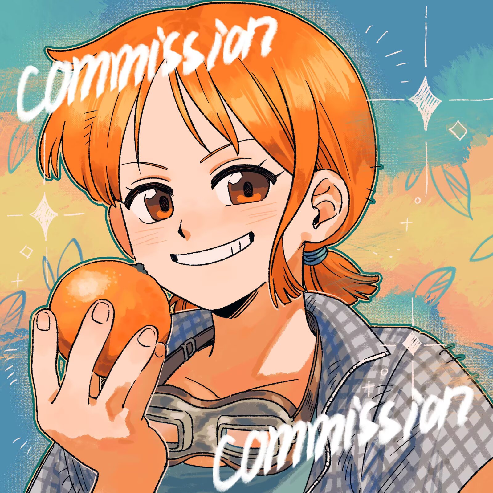 toku0034, nami (one piece), one piece, commentary, commission, english commentary, highres, 1girl, blue skirt, brown eyes, checkered clothes, collarbone, food, fruit, goggles, goggles around neck, grin, holding, holding food, holding fruit, light blush, looking at viewer, low twintails, mandarin orange, orange hair, parted lips, short hair, single sidelock, skirt, smile, solo, sparkle, twintails, upper body