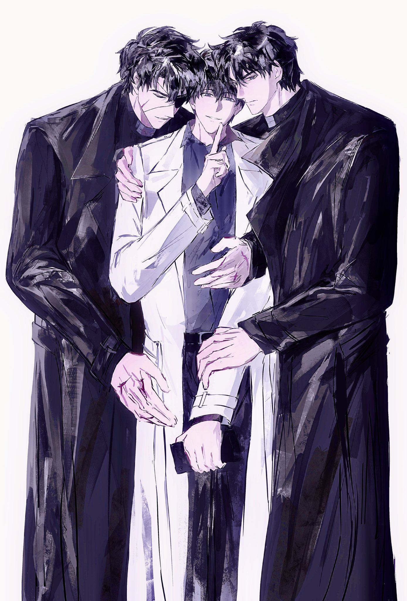 kim dokja, yoo joonghyuk, yoo joonghyuk (999th turn), omniscient reader's viewpoint, highres, 3boys, 8d2suga9, arm around back, arm around shoulder, black coat, black eyes, black hair, black shirt, coat, collared shirt, eyepatch, feet out of frame, hand on another's arm, head tilt, holding, holding phone, index finger raised, large hands, looking at viewer, multiple boys, open clothes, open coat, phone, popped collar, scar, scar on face, shirt, short hair, white coat, yaoi