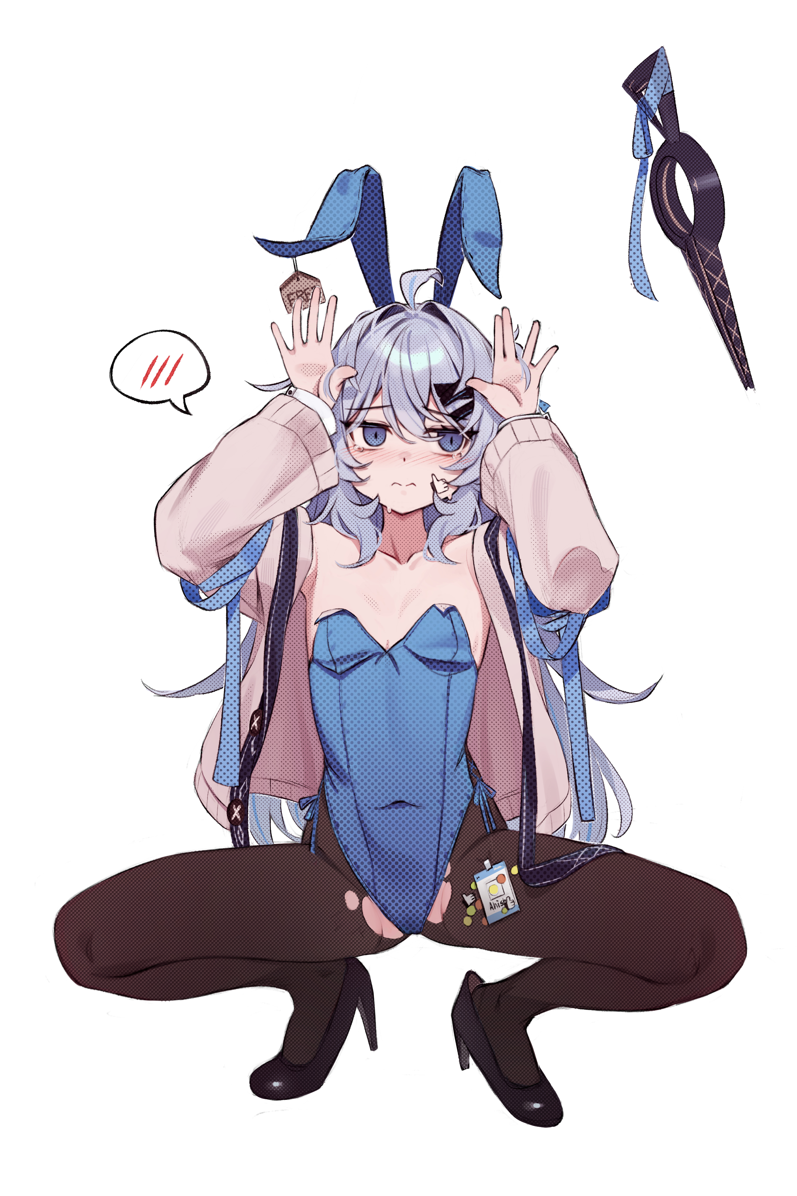 di le to, ahisha (di le to), original, absurdres, highres, 1girl, ahegao, animal ears, bare shoulders, black pantyhose, blue eyes, blue leotard, blue ribbon, blush, breasts, cardigan, collarbone, covered erect nipples, embarrassed, gluteal fold, grey hair, hair between eyes, hair ornament, hairclip, hand up, high heels, highleg, highleg leotard, leotard, long sleeves, open cardigan, open clothes, pantyhose, playboy bunny, rabbit ears, ribbon, sidelocks, slit pupils, small breasts, spread legs, squatting, thighs, torn clothes, torn pantyhose