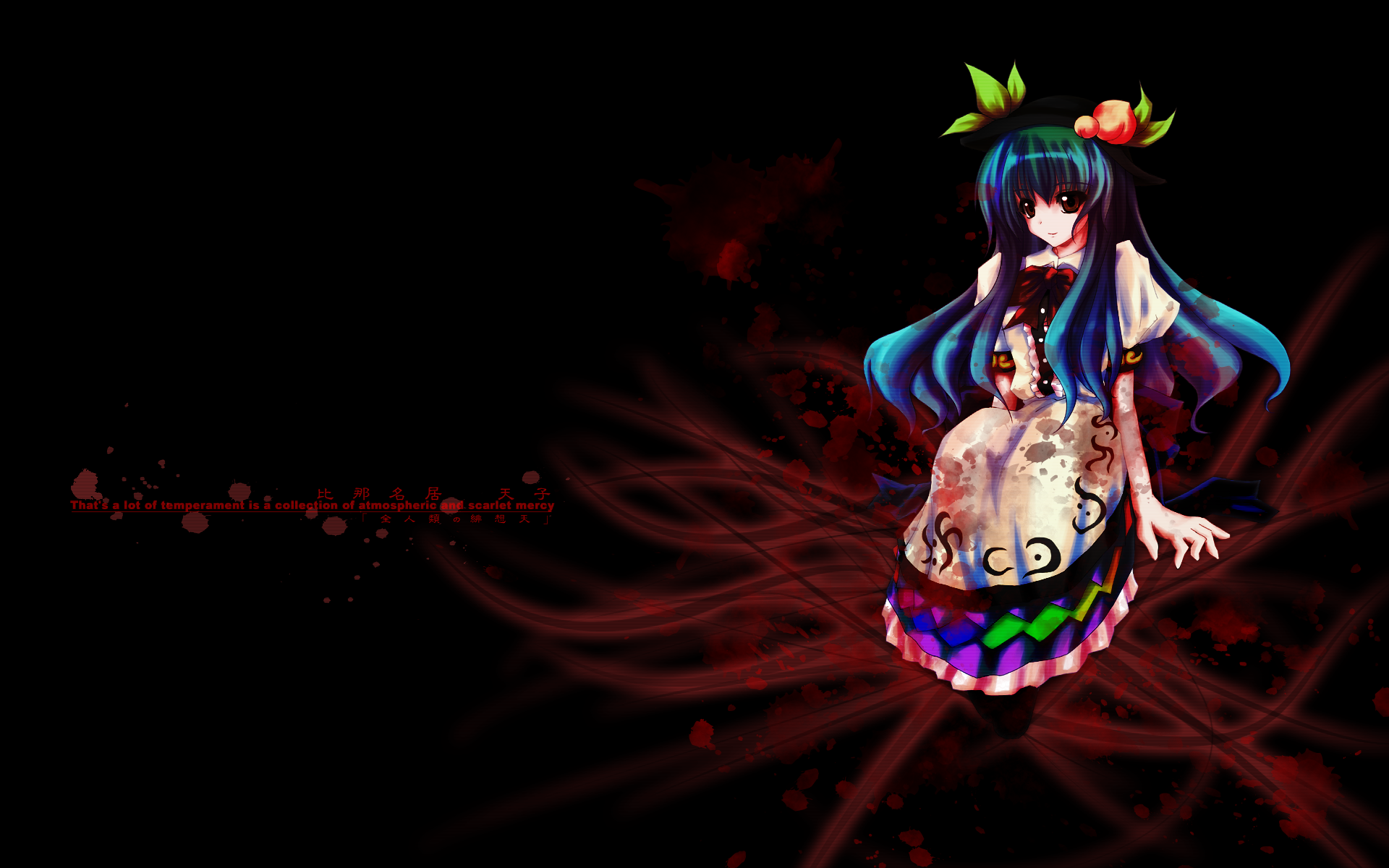 konoha kuzunoki, hinanawi tenshi, touhou, highres, 1girl, blood, blue hair, dark, english text, engrish text, female focus, food, fruit, hat, peach, ranguage, red eyes, sitting, solo