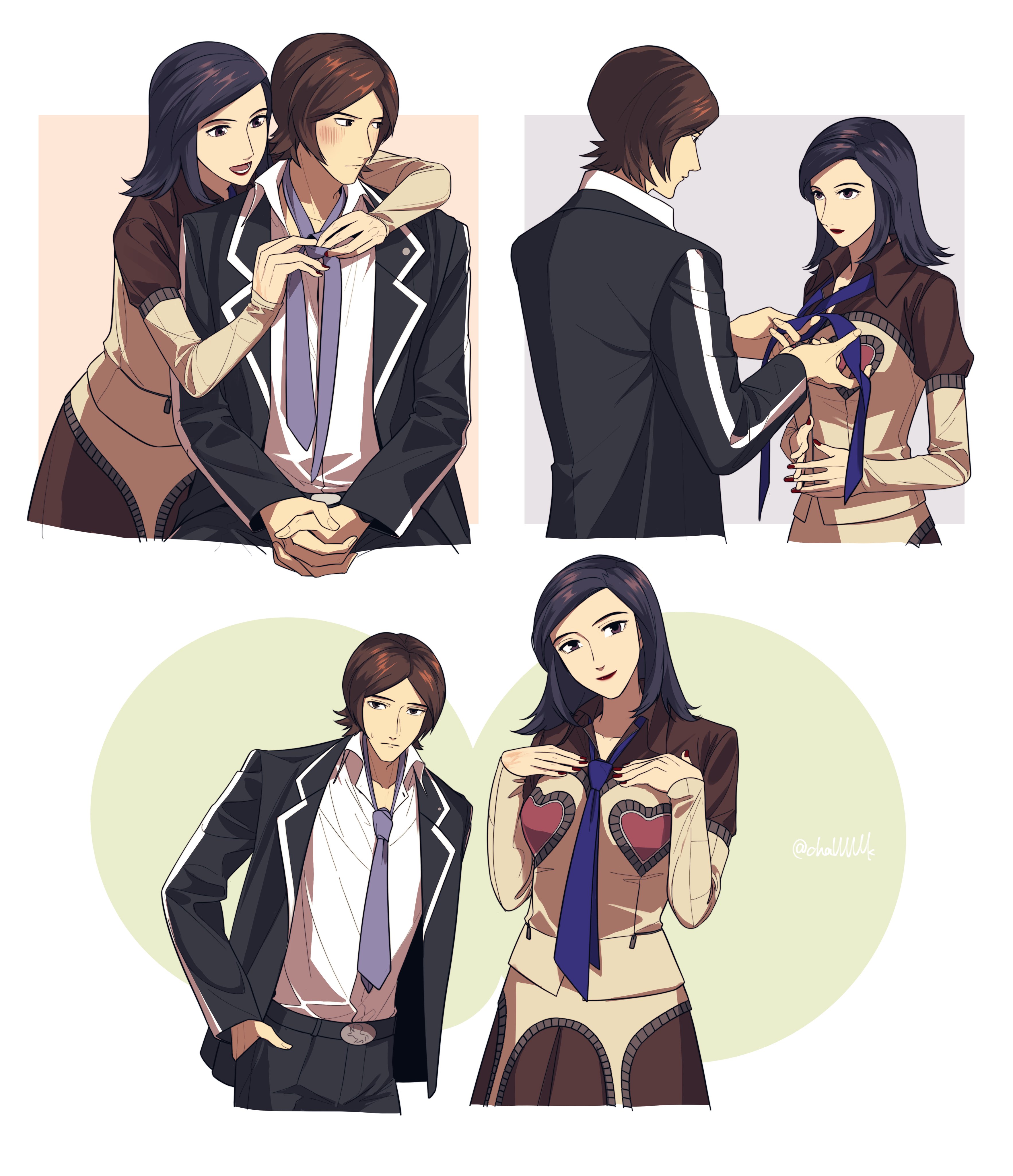 challlllk, amano maya, suou tatsuya, persona, persona 2, absurdres, commentary, highres, symbol-only commentary, 1boy, 1girl, :d, black hair, black jacket, black pants, blue necktie, blush, brown dress, brown eyes, brown hair, closed mouth, cropped legs, dress, fingernails, heart, heart print, hetero, jacket, lapels, long sleeves, looking at another, looking at viewer, medium hair, multiple views, nail polish, necktie, open clothes, open jacket, open mouth, pants, purple eyes, purple necktie, red nails, school uniform, seven sisters high school uniform, shirt, smile, twitter username, tying necktie, white background, white shirt