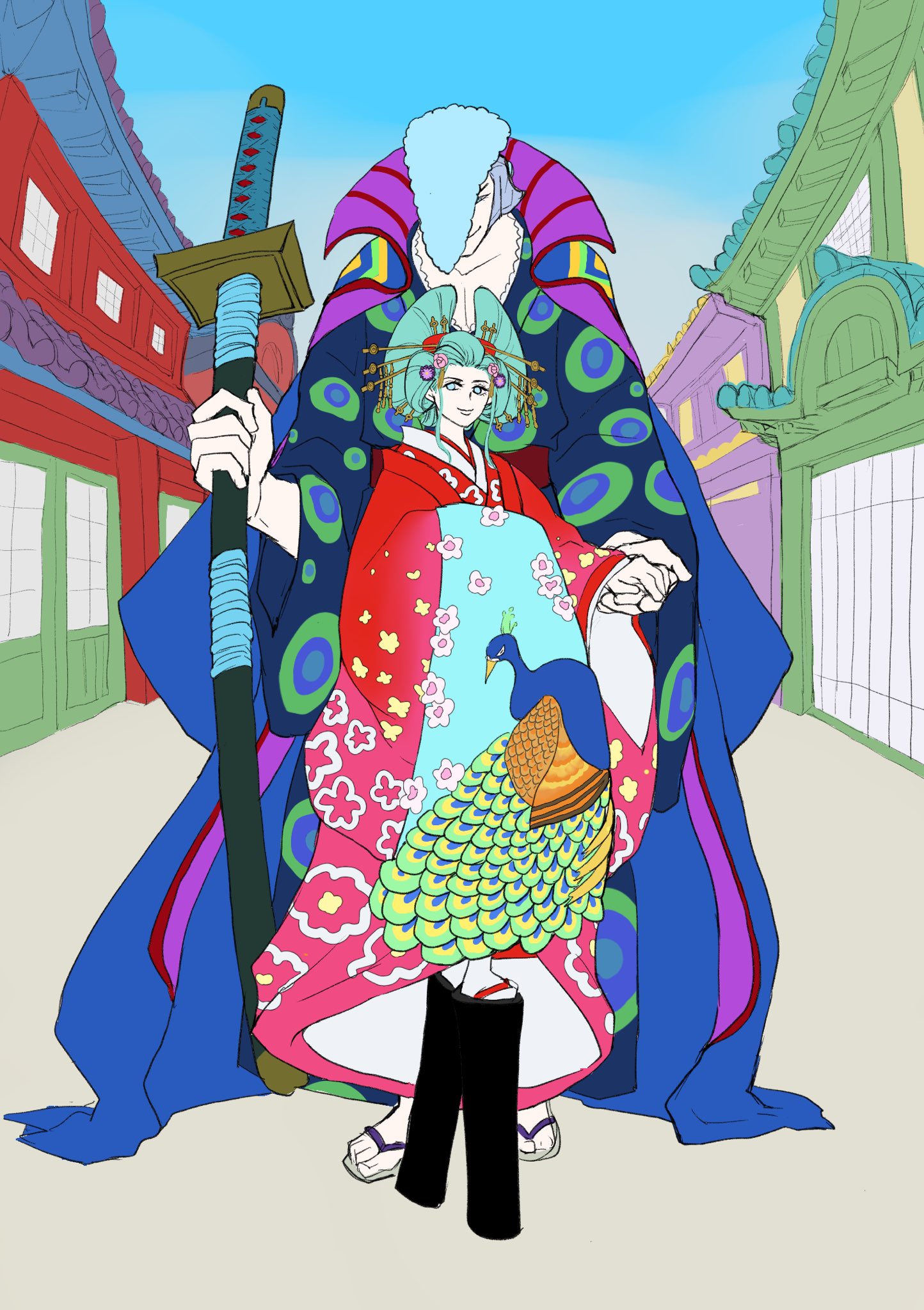 ysnfjkw, denjirou (one piece), kouzuki hiyori, one piece, commentary request, highres, 1boy, 1girl, aqua hair, datehyogo, full body, hair ornament, holding, holding hands, holding sword, holding weapon, japanese clothes, kanzashi, kimono, nihongami, oiran, outdoors, pompadour, red kimono, sandals, sidelocks, smile, sword, weapon, wide sleeves