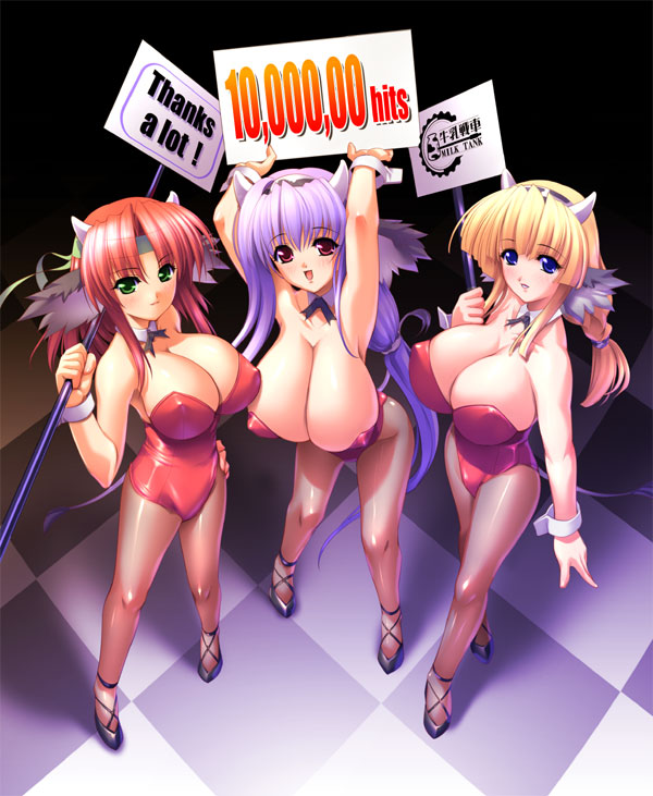 gunner-l, tagme, 3girls, animal ears, bare shoulders, blonde hair, blue eyes, blush, breasts, cleavage, cow ears, cow girl, cow horns, cow tail, female focus, green eyes, high heels, horns, huge breasts, long hair, milestone celebration, multiple girls, pantyhose, purple hair, red eyes, red hair, shoes, smile, tail