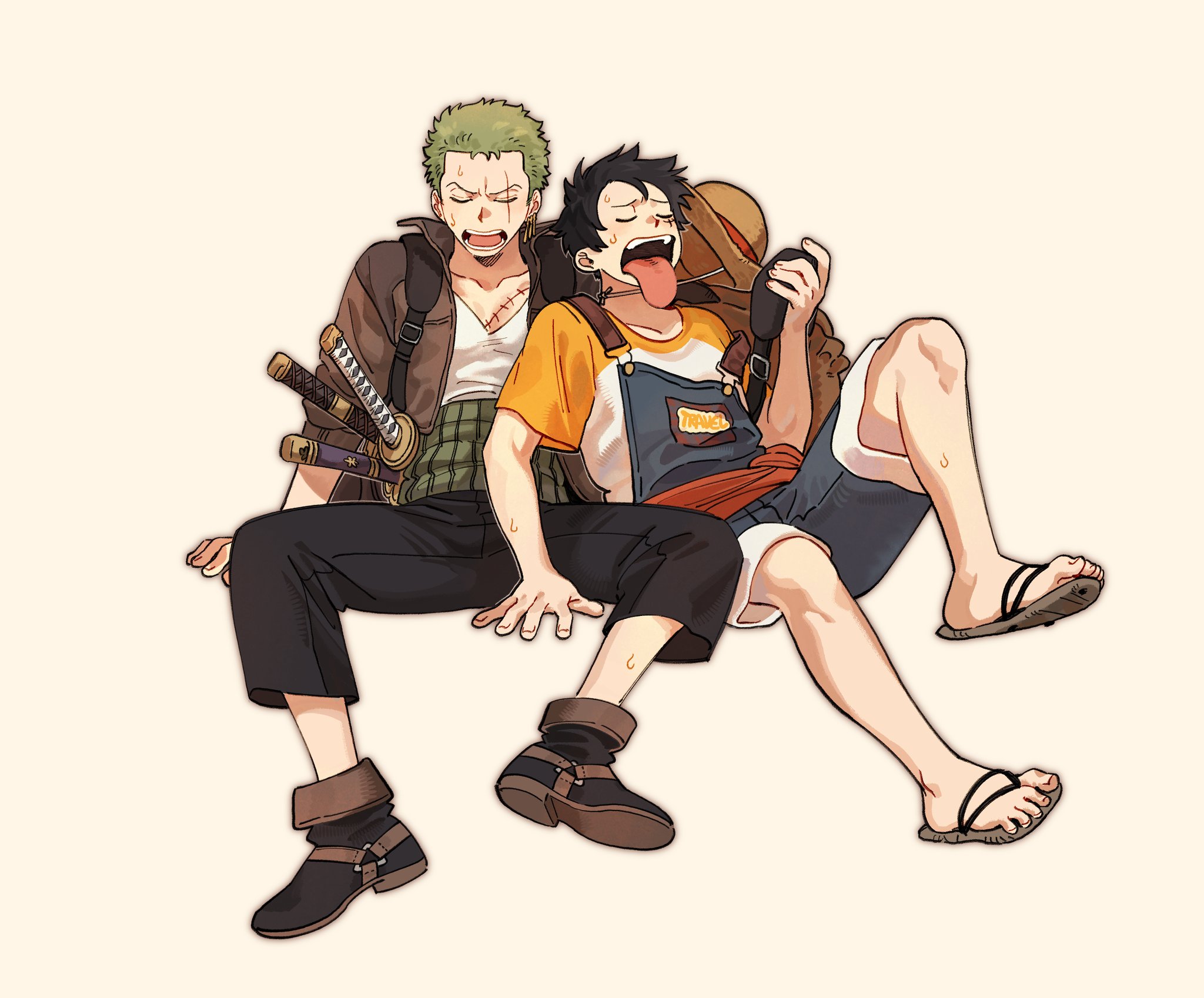 toku0034, monkey d. luffy, roronoa zoro, one piece, commentary, highres, symbol-only commentary, 2boys, arm support, black pants, blue overalls, blue shorts, boots, brown jacket, closed eyes, full body, haramaki, hat, holding, jacket, katana, male focus, multiple boys, open clothes, open jacket, open mouth, overall shorts, overalls, pants, sandals, scar, scar across eye, scar on chest, scar on face, sheath, sheathed, shirt, shorts, simple background, sitting, straw hat, sweat, sword, tongue, tongue out, unworn hat, unworn headwear, weapon, white shirt