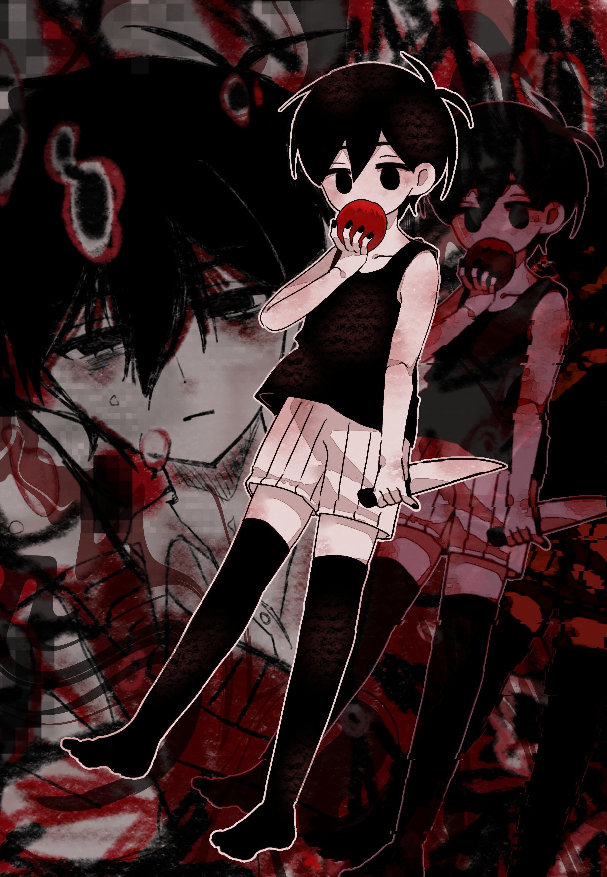 omori (omori), sunny (omori), omori, highres, 2boys, antenna hair, apple, black eyes, black hair, black nails, black tank top, black thighhighs, closed mouth, collarbone, colored skin, double-parted bangs, dual persona, food, fruit, hair between eyes, hiori000, holding, holding food, holding fruit, holding knife, knife, male focus, multiple boys, short hair, shorts, striped clothes, striped shorts, tank top, thighhighs, vertical-striped clothes, vertical-striped shorts, white shorts, white skin