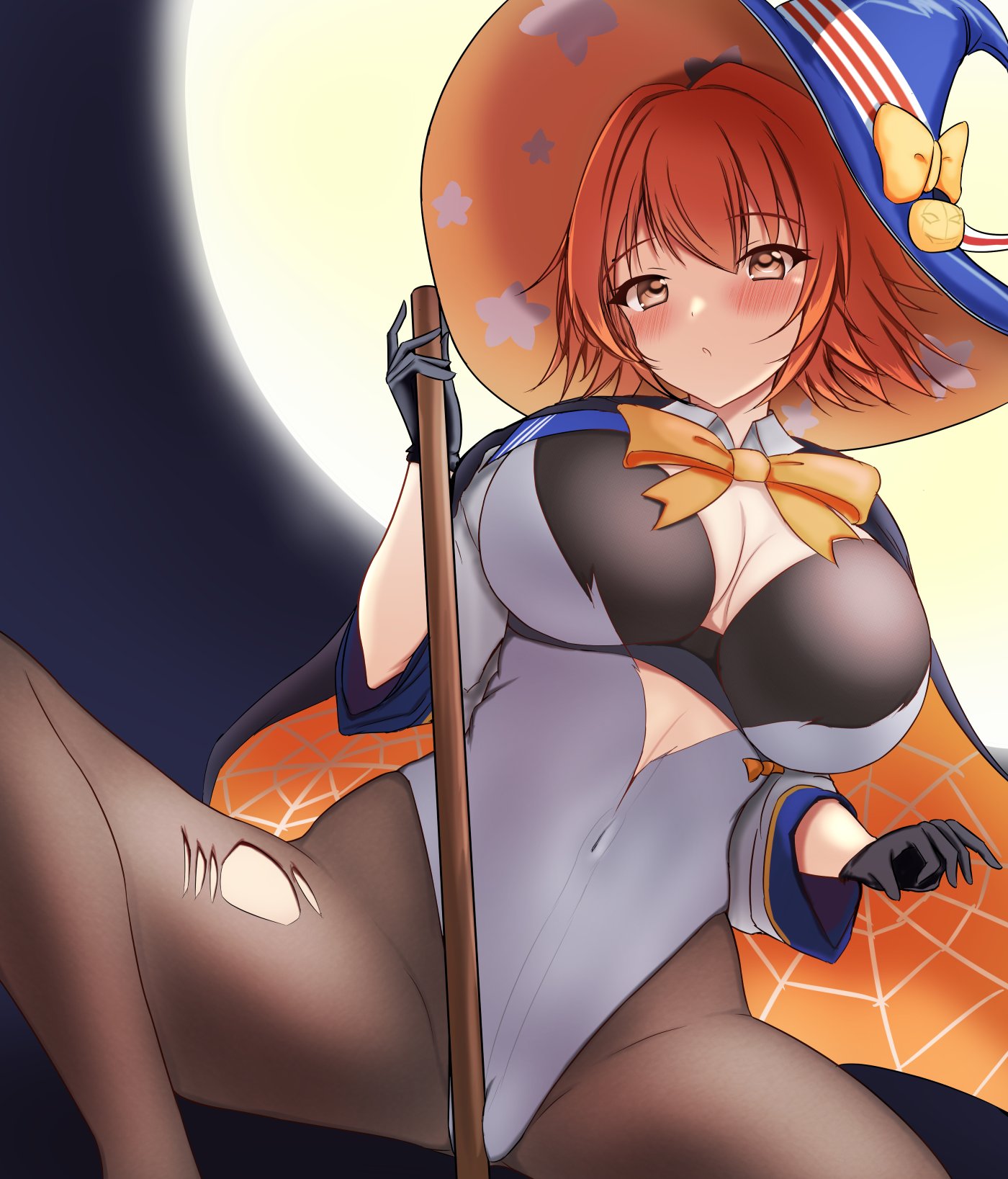 montemasa, richard p. leary (halloween) (kancolle), richard p. leary (kancolle), richard p. leary kai (kancolle), kantai collection, commentary, highres, symbol-only commentary, 1girl, black cape, black gloves, black pantyhose, blue hat, blush, boots, bow, breasts, broom, broom riding, brown eyes, brown hair, cameltoe, cape, full moon, gloves, grey leotard, halloween costume, hat, highleg, highleg leotard, jack-o'-lantern print, large breasts, leotard, looking at viewer, moon, night, orange bow, orange cape, pantyhose, parted lips, short hair, sleeved leotard, thighs, torn clothes, torn pantyhose, two-sided fabric, witch hat