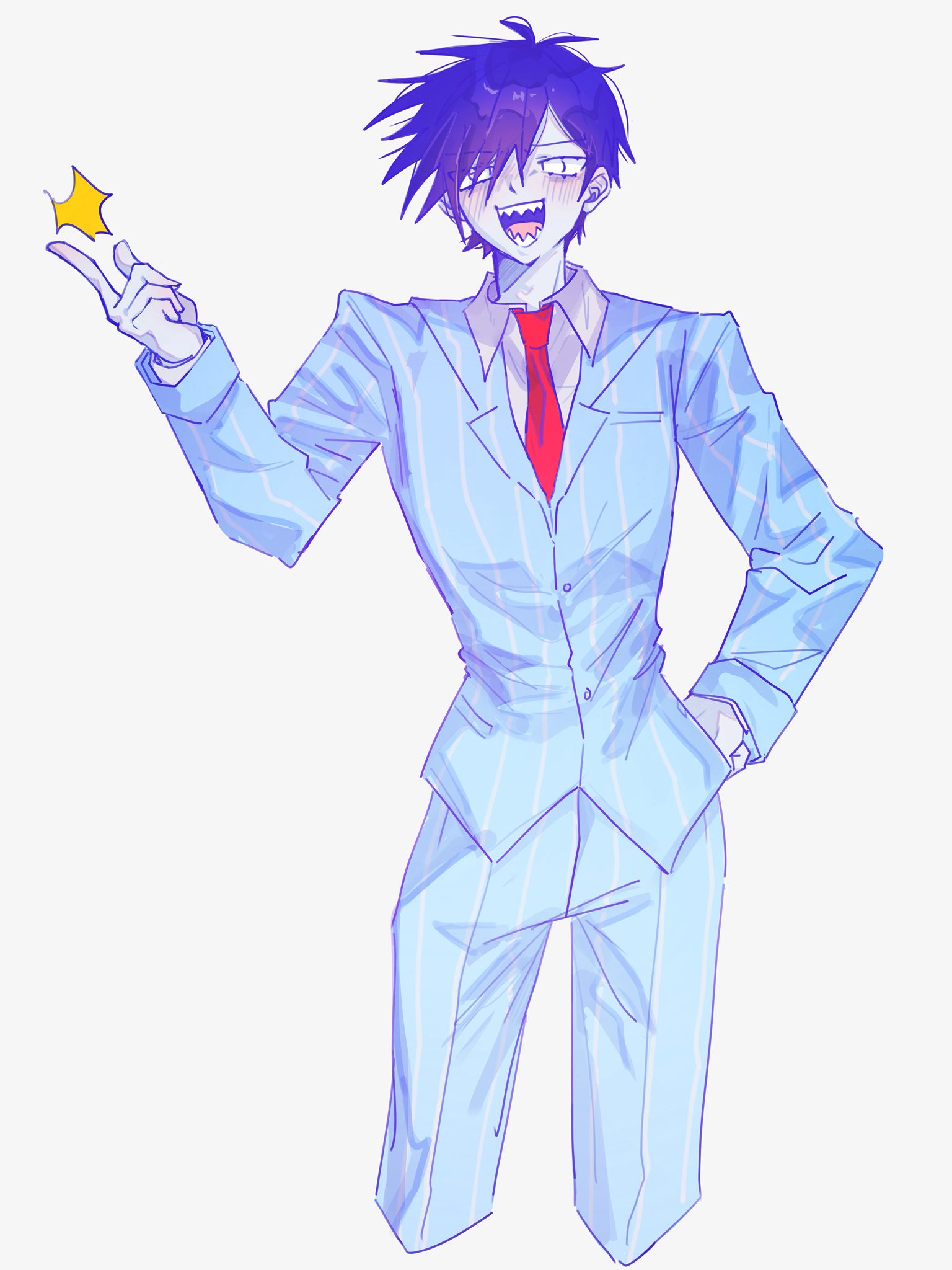 danmuji 07, bossman hero, hero (headspace) (omori), hero (omori), omori, highres, 1boy, antenna hair, blush, colored skin, formal clothes, hand on own hip, looking at viewer, male focus, necktie, open mouth, pants, pinstripe pants, pinstripe pattern, pinstripe suit, purple hair, red necktie, sharp teeth, short hair, snapping fingers, solo, suit, teeth, white eyes, white skin