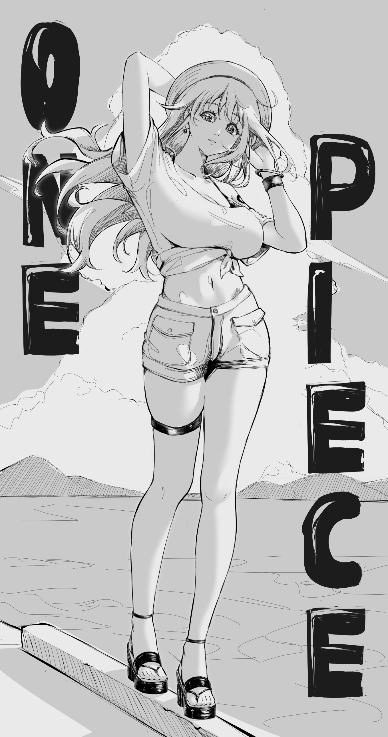 camus (luthfancamus), nami (one piece), one piece, absurdres, commentary, highres, 1girl, arm behind head, arm up, bangle, bra strap, bracelet, breasts, cloud, cloudy sky, collarbone, denim, denim shorts, earrings, eyelashes, feet, floating hair, full body, hand up, hat, high heel sandals, jewelry, large breasts, legs, long hair, looking at viewer, midriff, mountainous horizon, navel, ocean, outdoors, parted lips, sandals, shirt, short shorts, short sleeves, shorts, shoulder tattoo, single bare shoulder, sky, solo, straw hat, tattoo, thigh strap, tied shirt, toes, walking, wavy hair