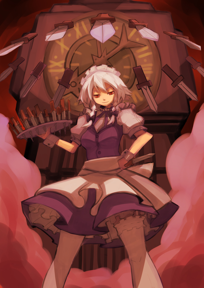 sharekoube, izayoi sakuya, touhou, silver hair, bad id, bad pixiv id, 1girl, braid, breasts, clock, dress, female focus, frilled thighhighs, frills, garter straps, hairband, knife, maid, red eyes, short hair, solo, thighhighs, tray, twin braids, wrist cuffs
