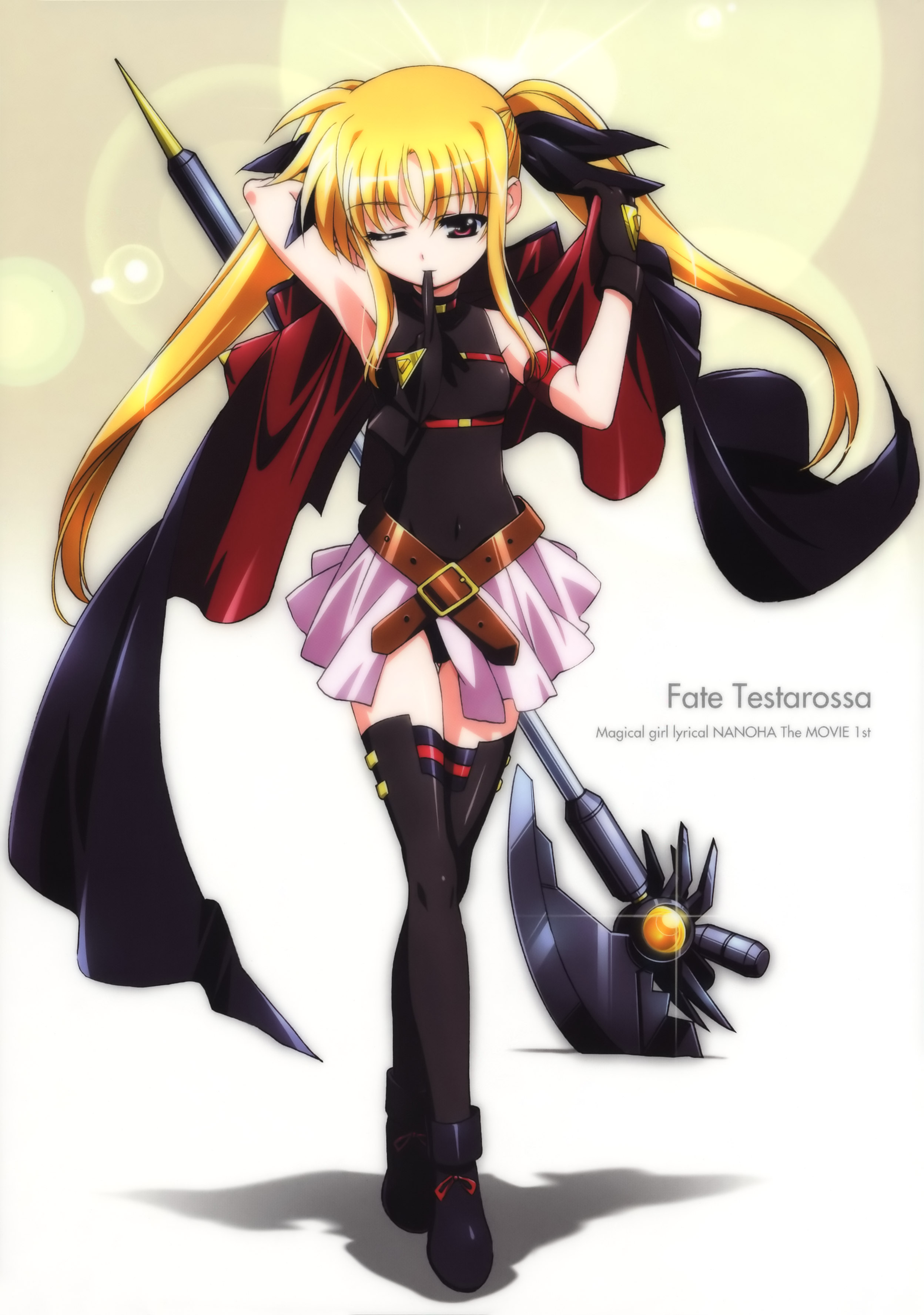 okuda yasuhiro, bardiche (axe form) (nanoha), bardiche (nanoha), fate testarossa, fate testarossa (movie 1st form), lyrical nanoha, mahou shoujo lyrical nanoha, mahou shoujo lyrical nanoha the movie 1st, megami magazine, absurdres, highres, official art, scan, 10s, 1girl, aged down, ankle boots, arm behind head, arm up, armband, armpits, bare shoulders, belt, belt bra, belt skirt, black gloves, black thighhighs, blonde hair, boots, breasts, cape, character name, copyright name, covered navel, crossed legs, dressing, female focus, full body, gem, glint, gloves, gradient background, hair ribbon, halberd, halterneck, lens flare, leotard, long hair, looking at viewer, miniskirt, mouth hold, one eye closed, open clothes, open skirt, parted bangs, pleated skirt, polearm, red eyes, ribbon, shadow, sidelocks, skirt, small breasts, solo, standing, thigh gap, thighhighs, twintails, very long hair, watson cross, weapon, wink, zettai ryouiki