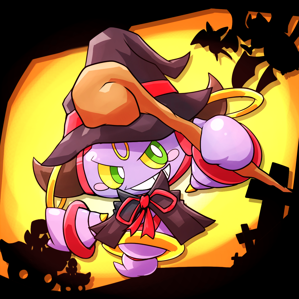 kinakomochi (kazuna922), crobat, golbat, hoopa, hoopa (confined), pumpkaboo, zubat, nintendo, pokemon, commentary request, black hat, bright pupils, clothed pokemon, colored sclera, full body, gen 1 pokemon, gen 2 pokemon, gen 6 pokemon, gold ring, green eyes, grin, halloween, halloween costume, hat, holding, holding staff, horns, legendary pokemon, mythical pokemon, no humans, pokemon (creature), pokemon focus, rayman limbs, red ribbon, ribbon, silhouette, smile, solo focus, staff, teeth, white pupils, witch hat, yellow sclera