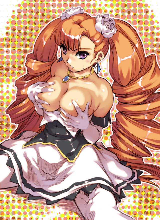hisahiko, petra johanna lagerkvist, aq interactive, arcana heart, arcana heart 2, atlus, examu, breast hold, 1girl, breasts, cleavage, covering breasts, covering privates, dress, drill hair, earrings, elbow gloves, female focus, flower, gloves, hair flower, hair ornament, halftone, halftone background, jewelry, large breasts, long hair, necklace, orange hair, purple eyes, sitting, solo, sweatdrop, thighhighs, topless female, twin drills, twintails, very long hair