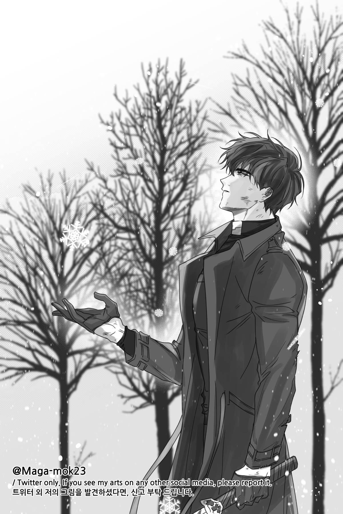 maga mok23, yoo joonghyuk, omniscient reader's viewpoint, commentary request, highres, korean commentary, 1boy, bare tree, black coat, black gloves, black hair, black shirt, coat, cowboy shot, crew neck, from side, gloves, glowing, greyscale, hand up, holding, holding sword, holding weapon, male focus, monochrome, open clothes, open coat, outdoors, popped collar, shirt, short hair, snow, snowing, solo, sword, tree, weapon, winter
