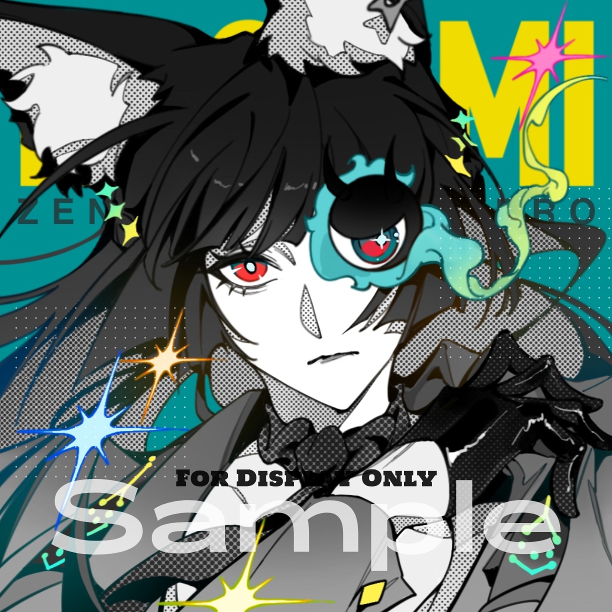 saskeboom, hoshimi miyabi, tailless (zenless zone zero), zenless zone zero, commentary, highres, 1girl, 1other, alternate costume, animal ear fluff, animal ears, black gloves, black hair, black necktie, character name, closed mouth, english text, fox ears, fox girl, gloves, green background, grey jacket, half gloves, jacket, latex, latex gloves, long hair, looking at viewer, necktie, one eye covered, red eyes, sample watermark, smoke, smoke trail, sparkle, upper body, watermark